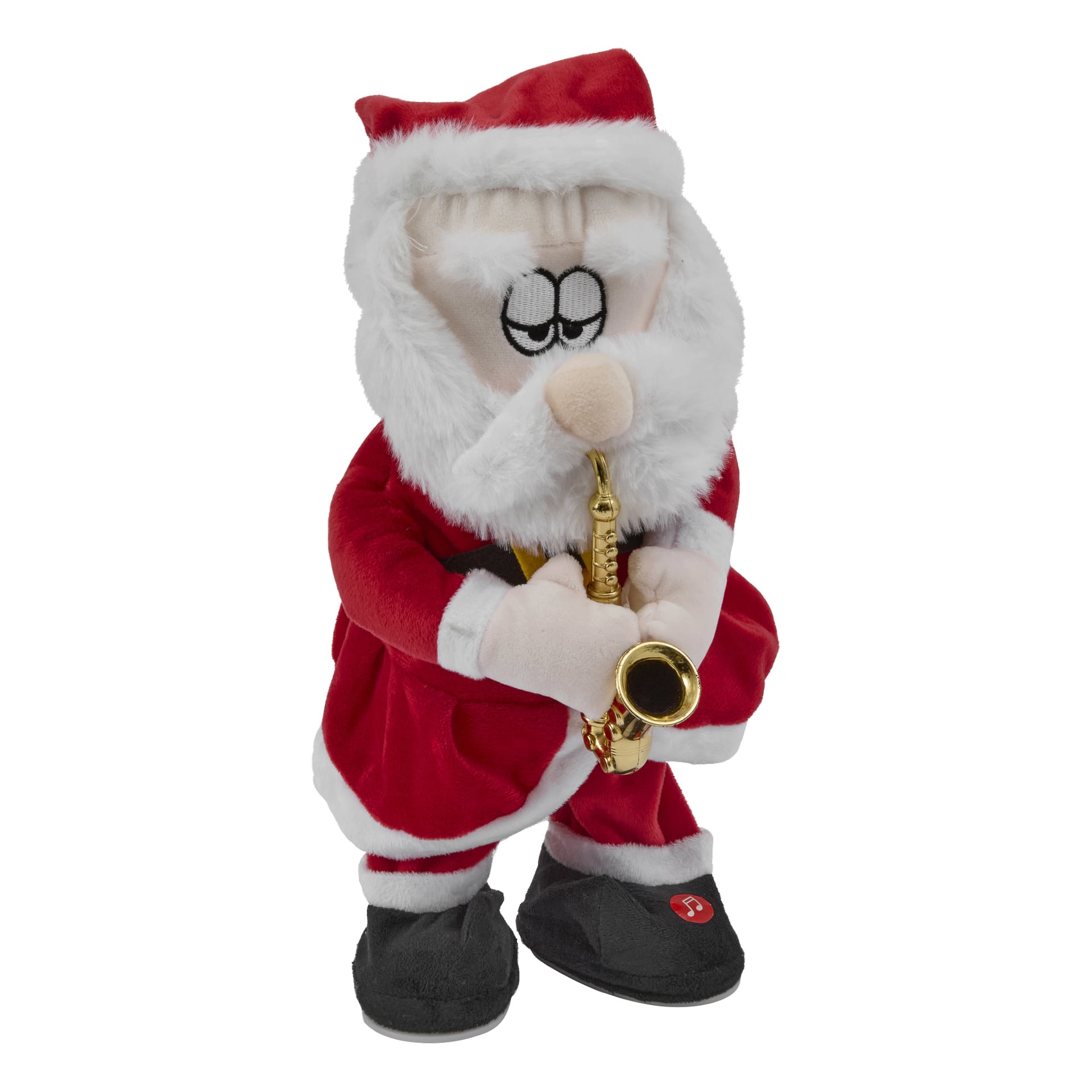 En mjuk jultomteleksak klädd i rött med svarta tofflor och vitt skägg, håller en gyllene saxofon som om han spelar på den.
