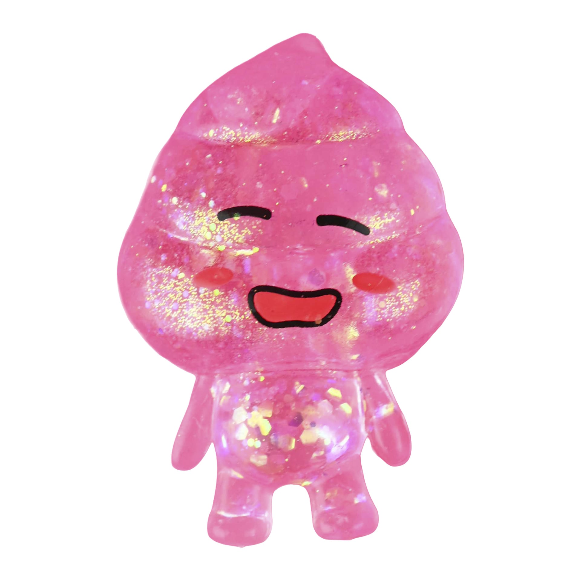 En glitrende rosa leke formet som en smilende bæsj-emoji med lukkede øyne, rosenrøde kinn, åpen munn og to små ben.