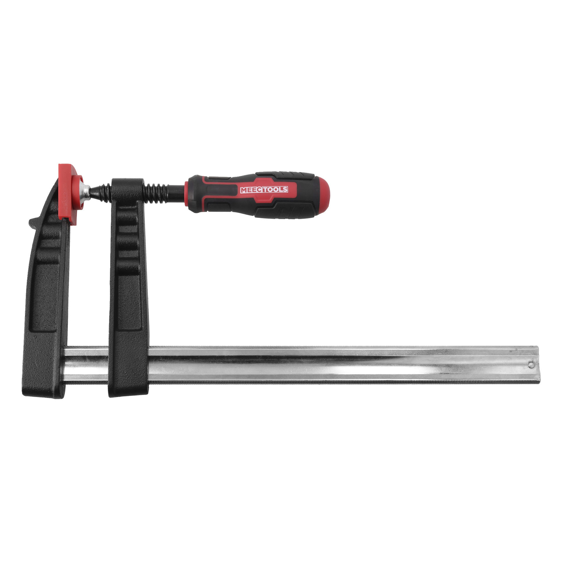 Metallinen F-puristin, jossa oli musta runko, punainen ja musta kahva, jossa luki MEECTOOLS, sekä pitkä hopeinen vaakasuora palkki.