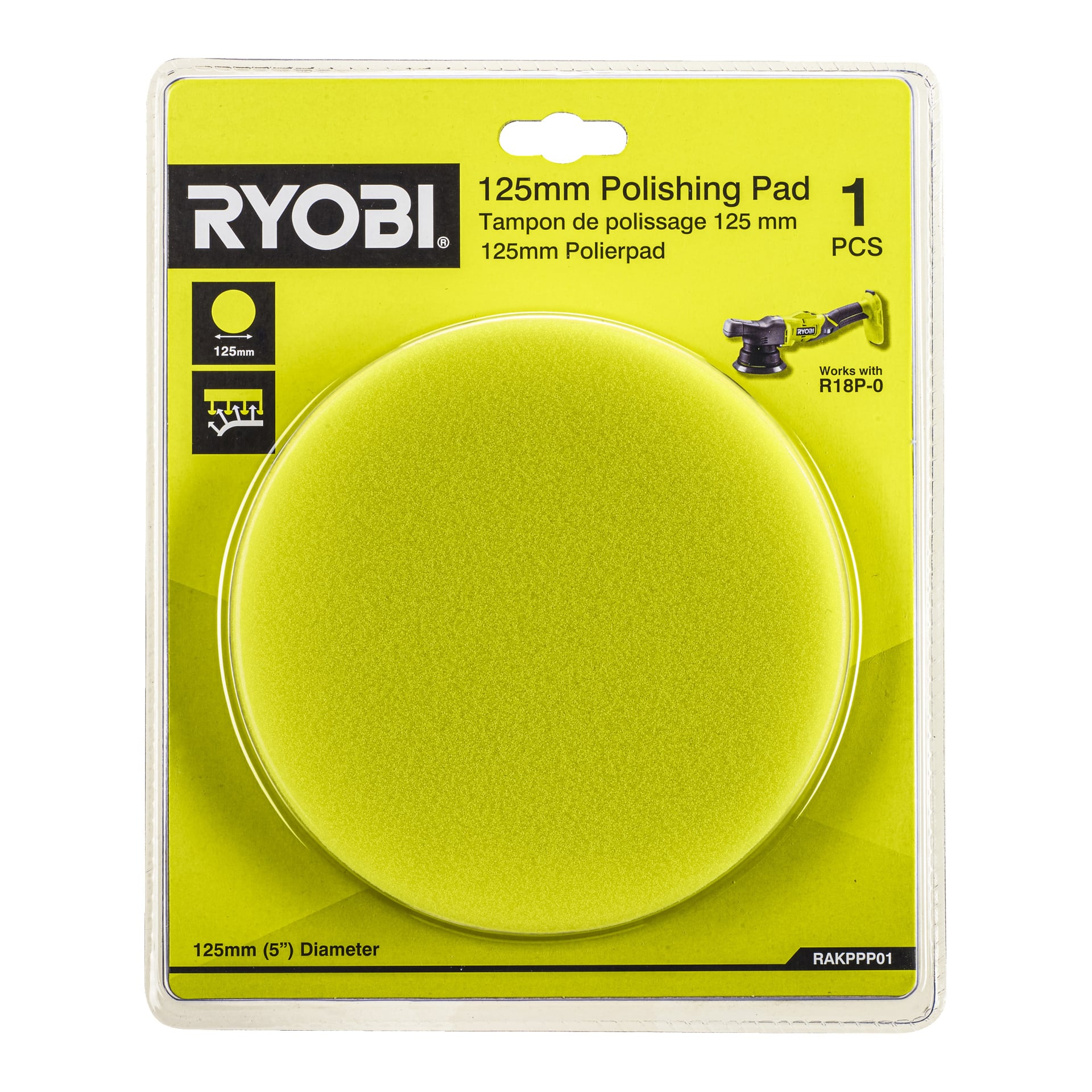 Żółty pad do polerowania Ryobi 125 mm (RAKPPP01) w zielonym opakowaniu z logo, rozmiarem i informacjami o narzędziu; Zapakowane w przezroczysty plastik.