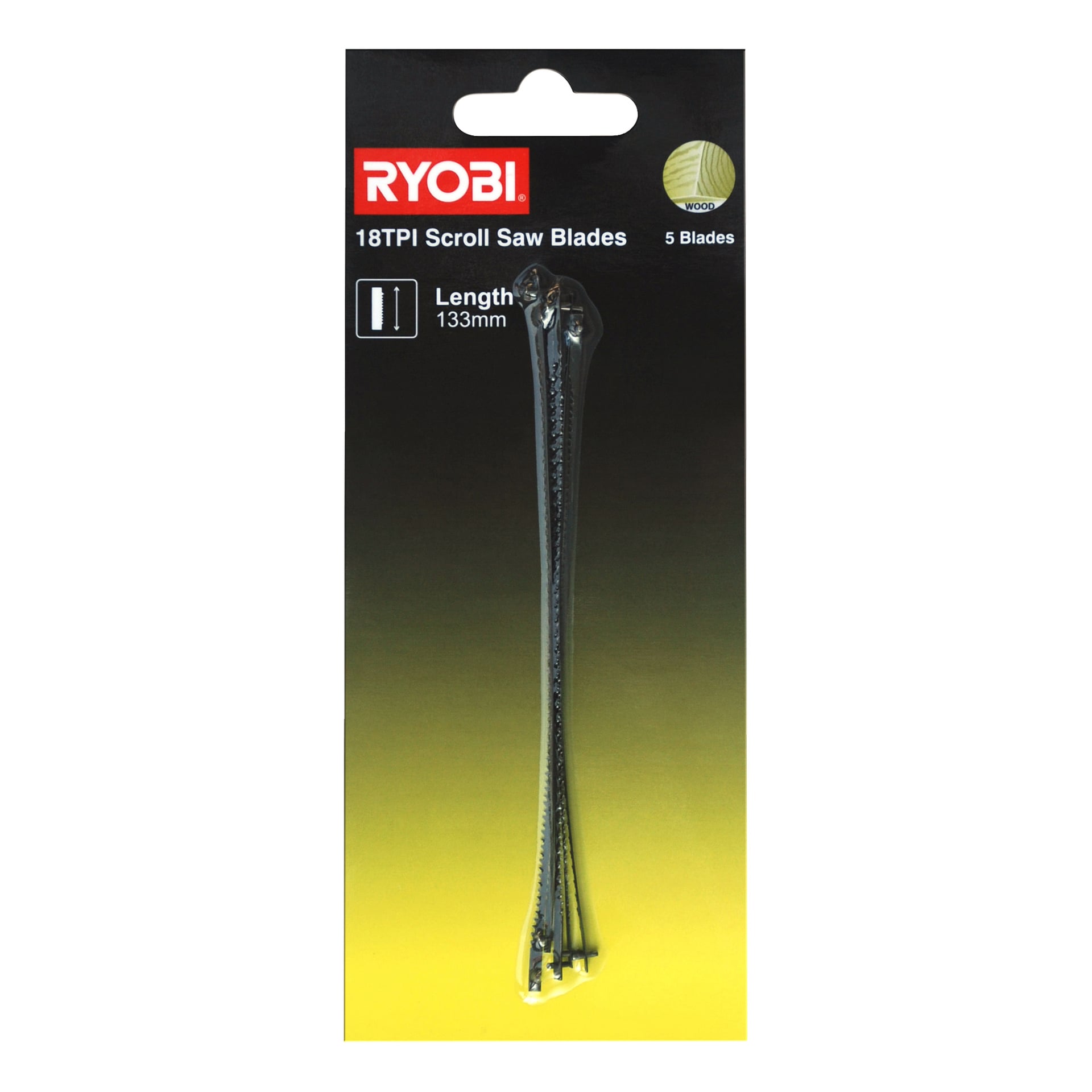 Fem 133 mm, 18TPI sågblad för trä syns genom ett genomskinligt fönster i svart och gult SSB18TPI 5-pack.