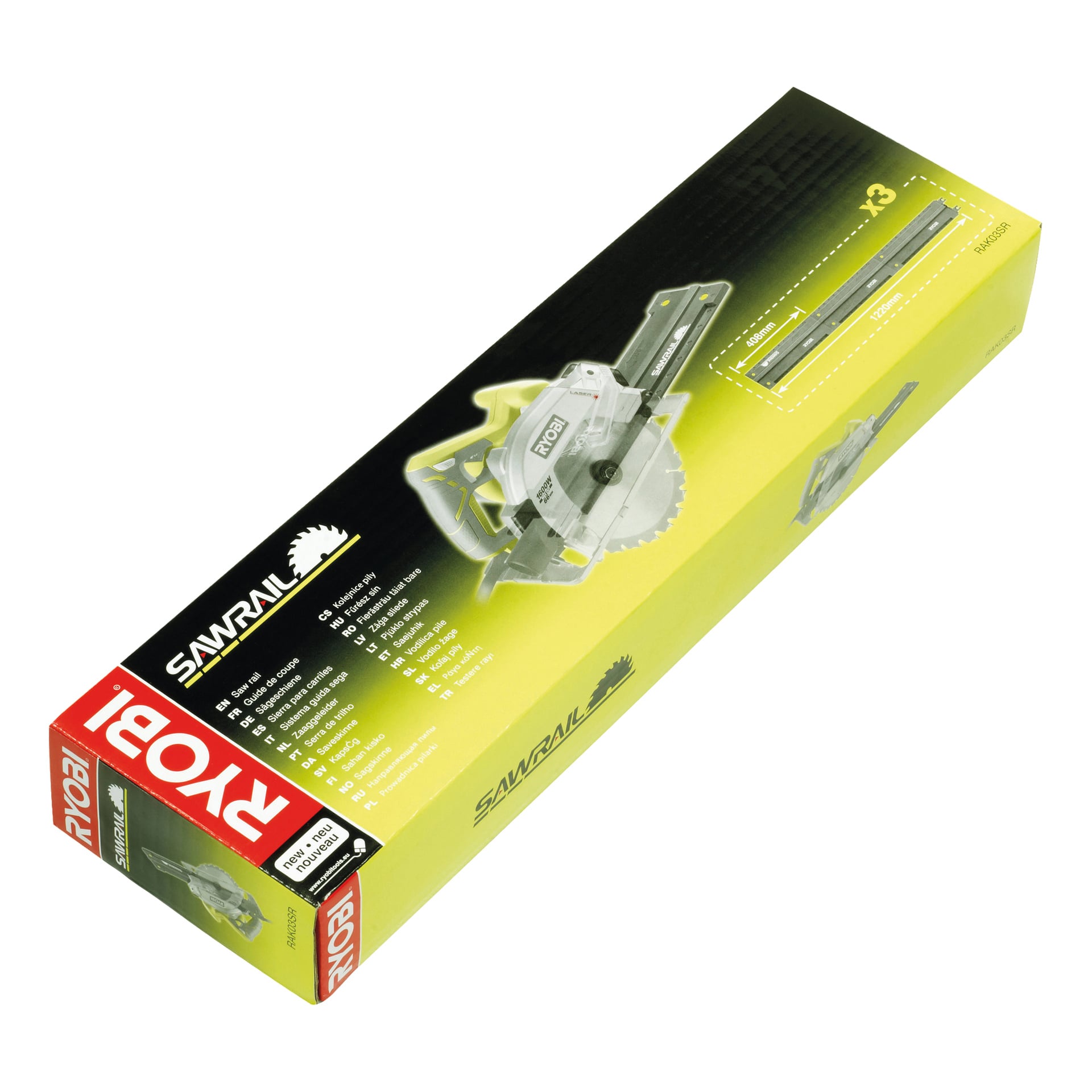 En forseglet rektangulær Ryobi Saw-guide RAK03SR tredelt eske, med gul-til-svart gradientdesign, bilder av produktet og detaljert informasjon på siden, vises i en vinkel.