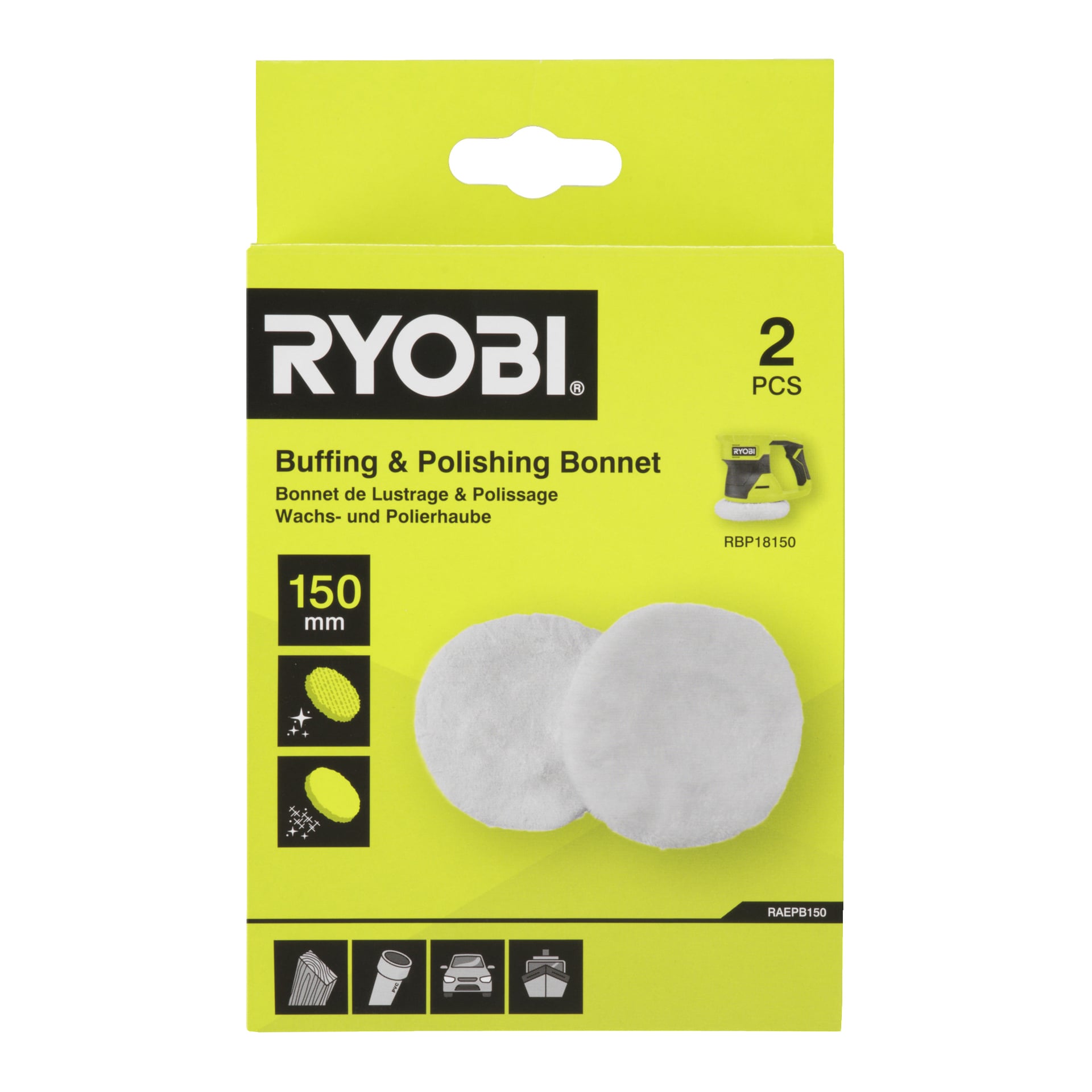Ryobi Polishing Bonnets RAEPB150 2 opakowania mają dwa białe blerzy o średnicy 150 mm w żółto-czarnym pudełku z informacjami o produkcie.