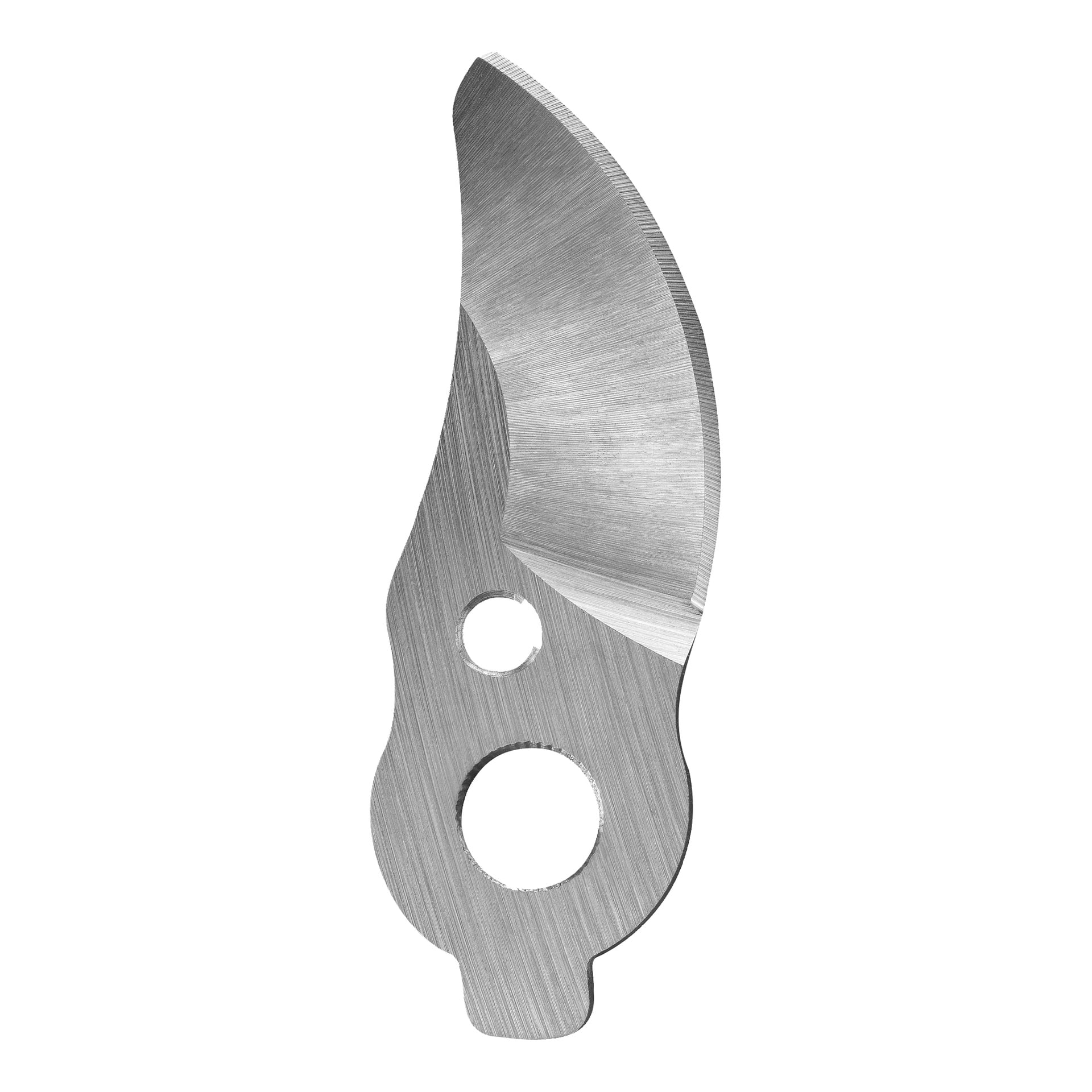 Närbild på Secateurs-bladet RAC319, med ett obehandlat rostfritt stålblad med två runda hål och synliga ådringsmönster.