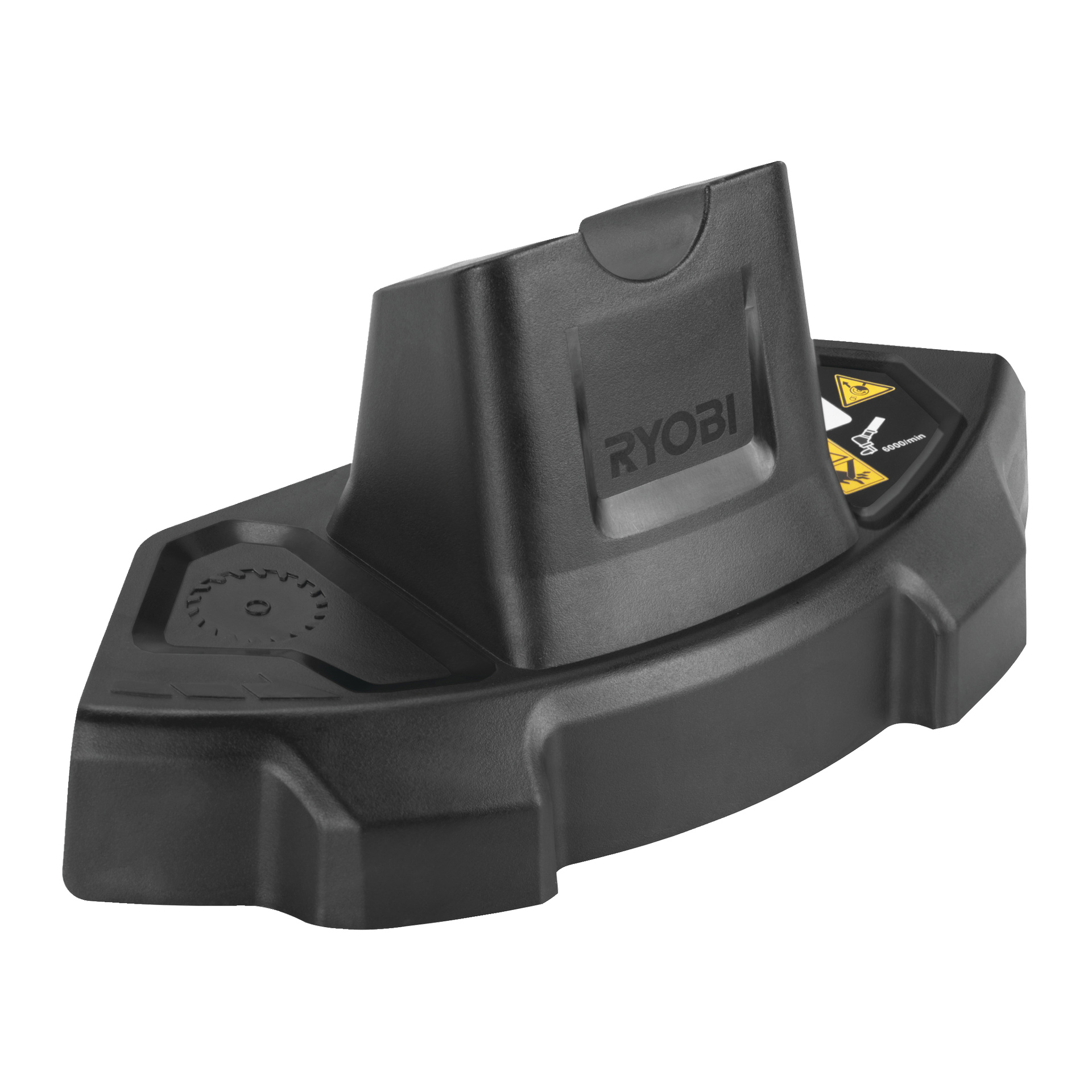 Svart Ryobi sågblad skydd för RAC168 borstskärare, med vertikal spår, varningsetiketter och texturerat grepp för säkert bladskydd.