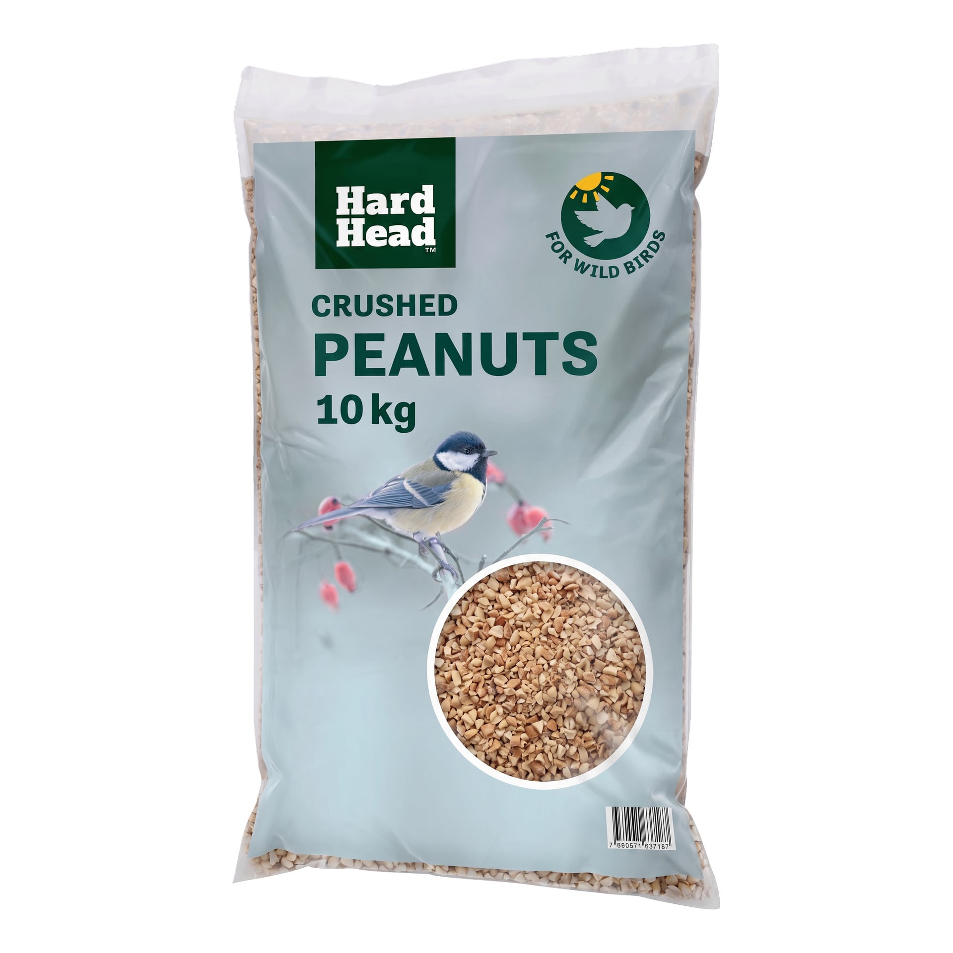 10 kg pussi Hard Head -murskattuja maapähkinöitä villilinnuille. Pussissa on lintukuva ja kuva murskatuista maapähkinöistä.
