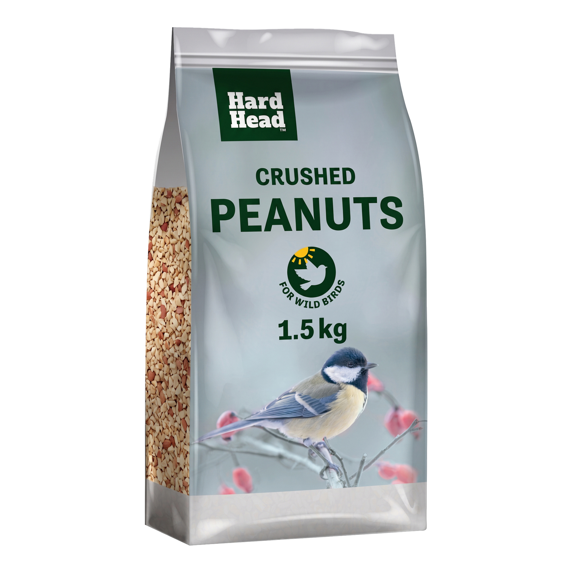 1,5 kg pussi Hard Head -merkkisiä murskattuja maapähkinöitä villilinnuille. Sinitiainen istuu oksalla sumean, talvisen taustan edessä.