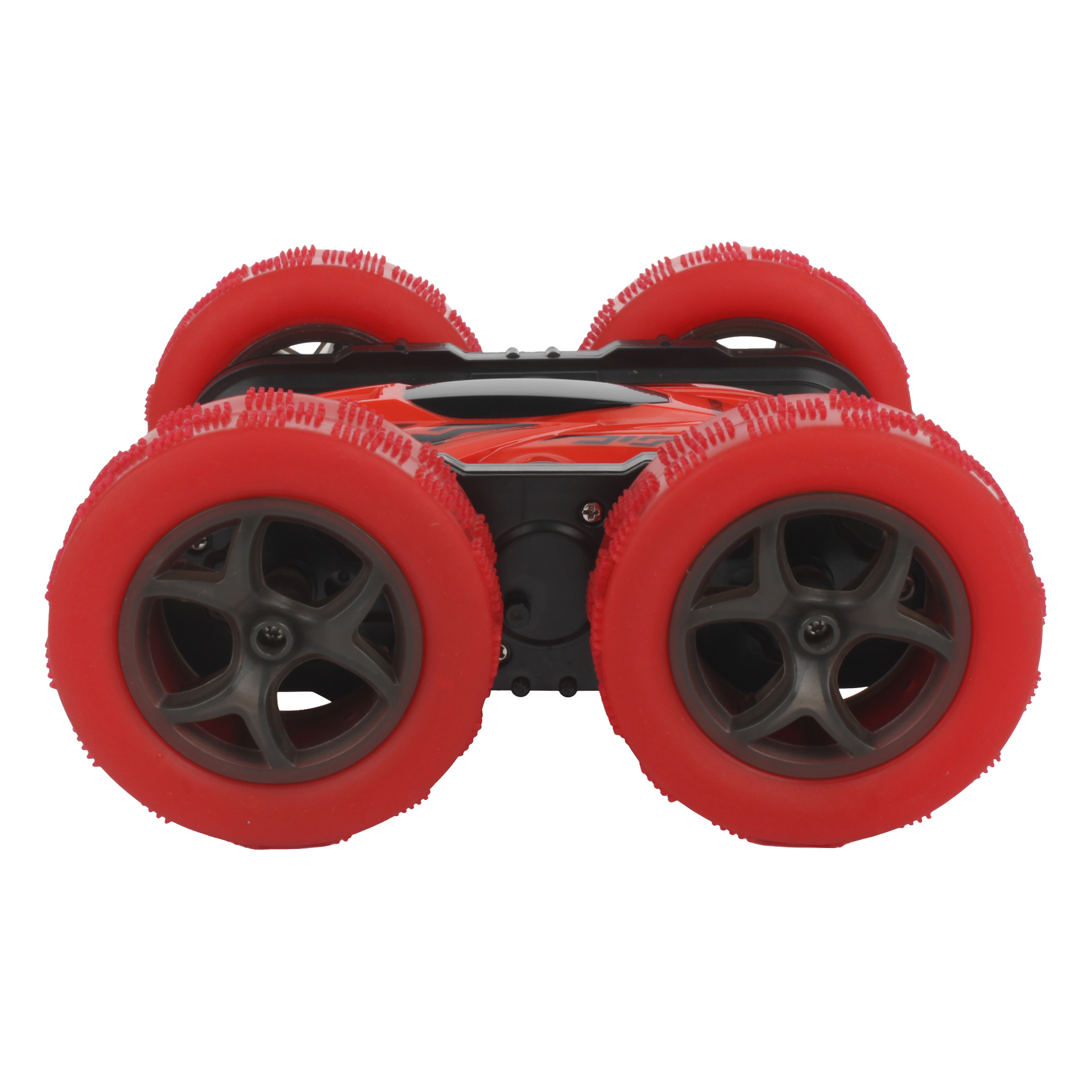 Ferngesteuertes Spielzeugauto in Rot und Schwarz, mit vier großen roten Rädern und schwarzen Speichen. Es ist robust und kompakt gebaut.