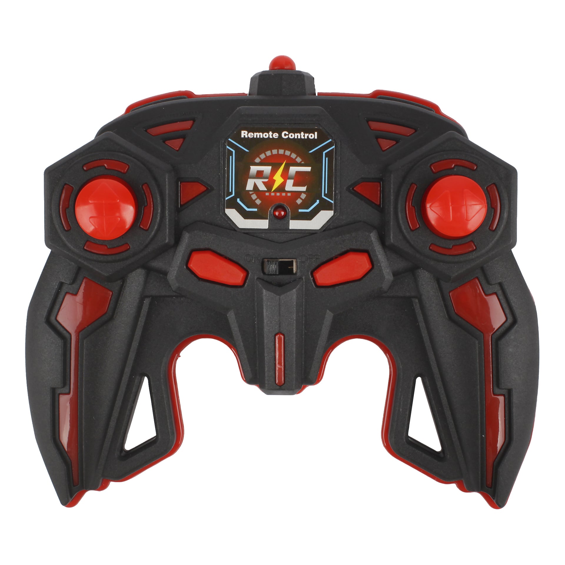 En svart och blå fjärrkontroll med två joysticks, flera knappar och en central blixtbild ovanför orden Remote Control R/C.