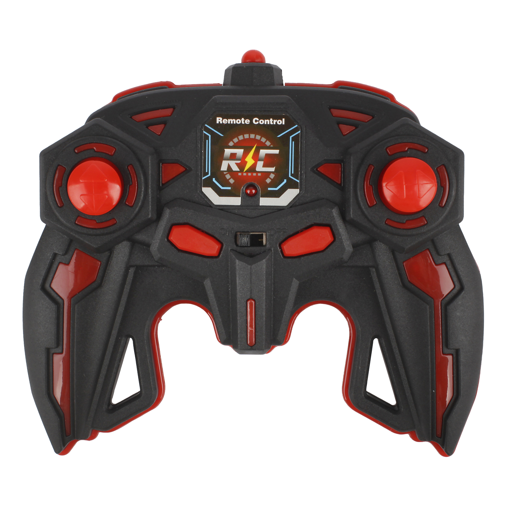 Eine schwarz-blaue Fernbedienung mit zwei Joysticks, mehreren Tasten und einer zentralen Blitzgrafik über den Worten Remote Control R/C.