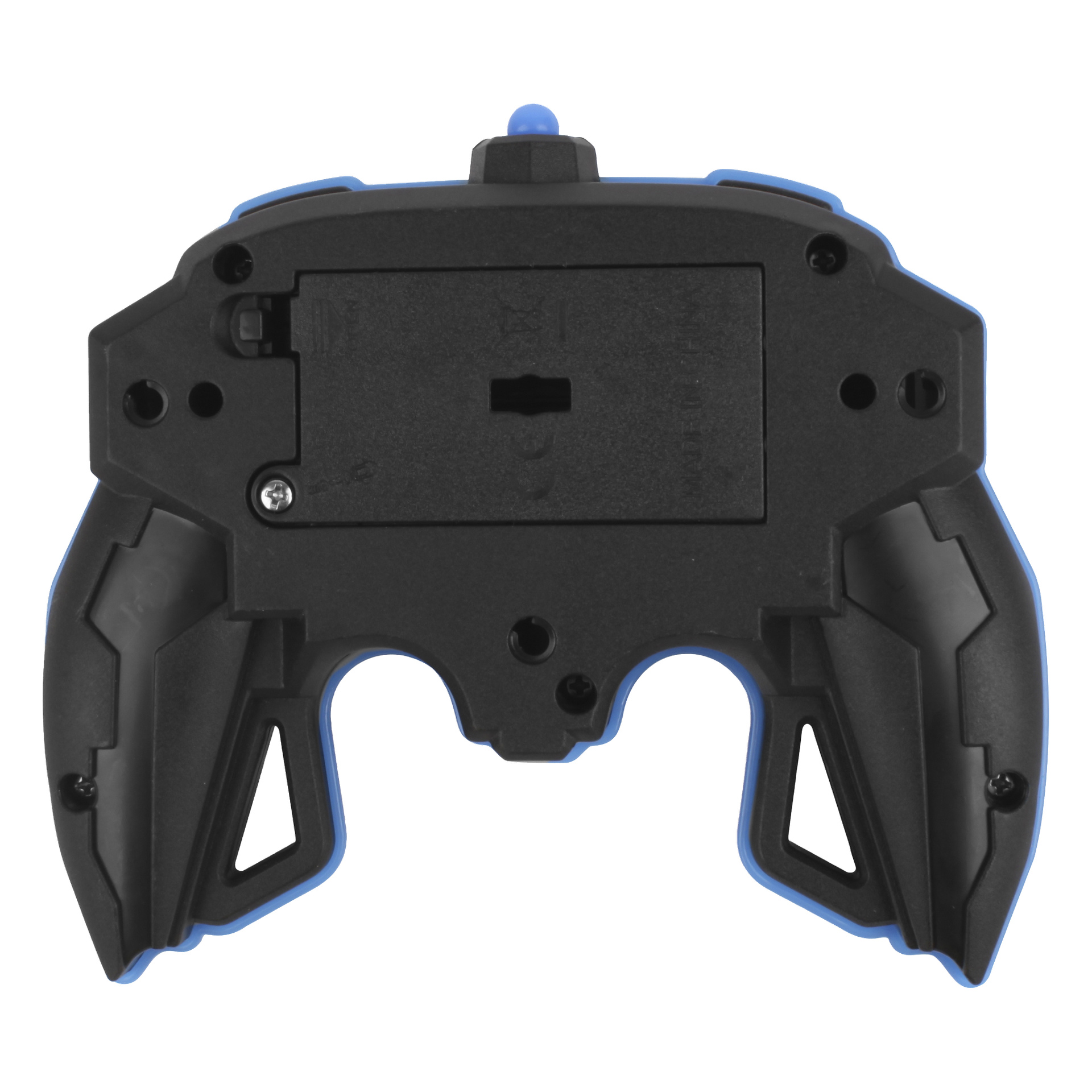 Nahaufnahme der Unterseite eines schwarz-blauen Spielcontrollers, das offene Batteriefach und die Schraubenlöcher hervorhebt, keine Batterien im Inneren.