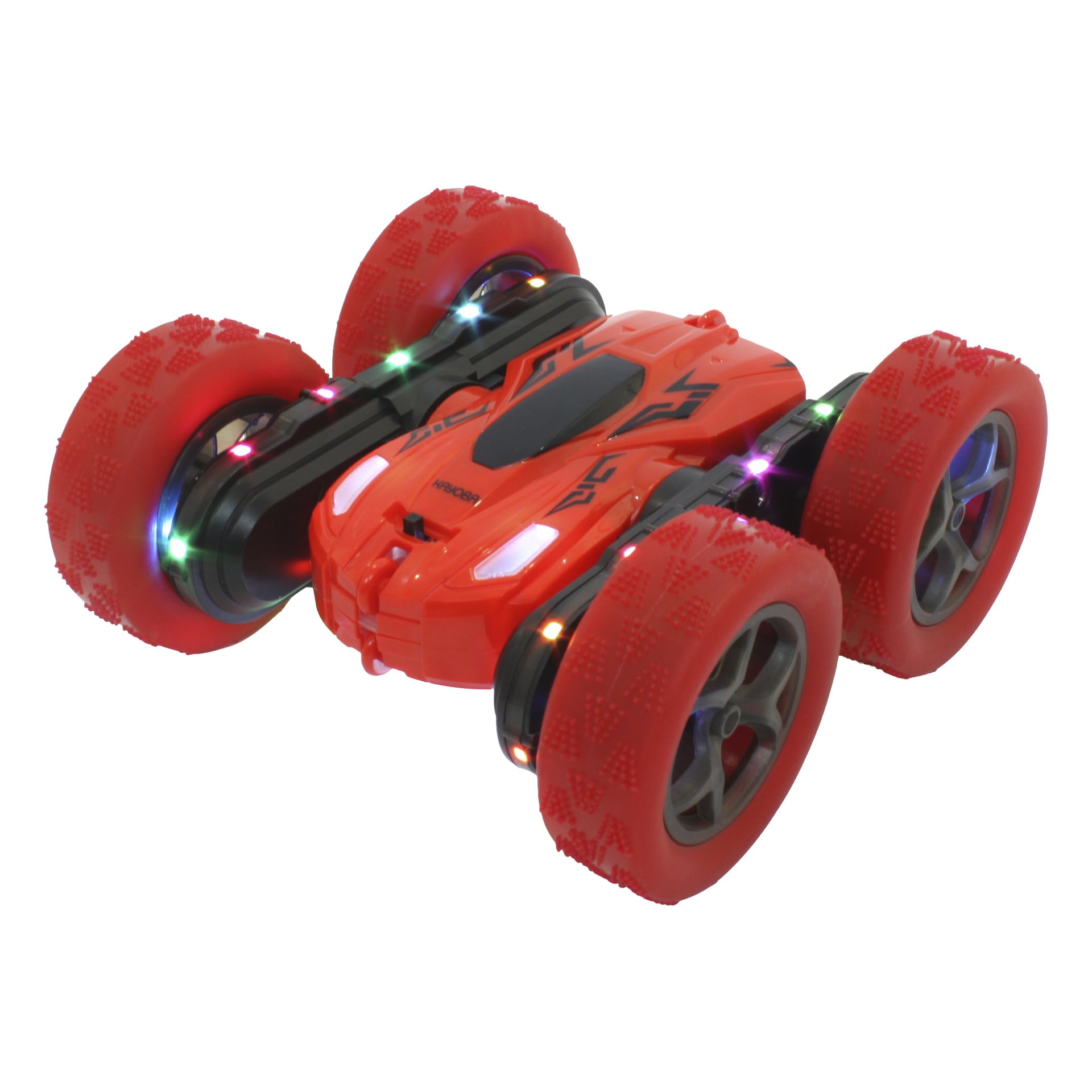 En röd RC-stuntbil med stora robusta däck, LED-lampor på hjul och kaross, samt ett strömlinjeformat, sportigt utseende.