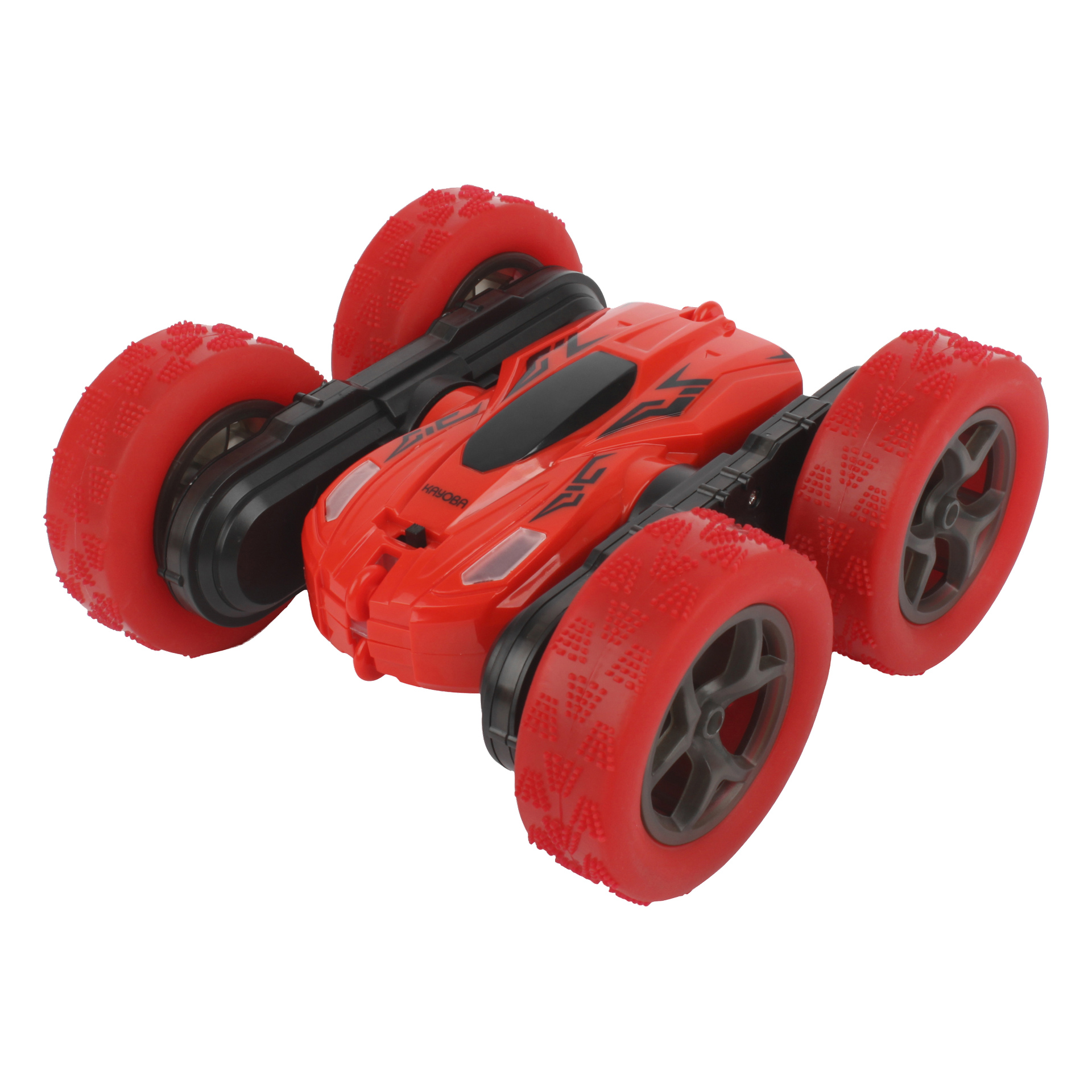 Rotes RC-Spielzeugauto mit vier großen, strukturierten Rädern, einem schwarzen Mittelchassis und einem robusten Offroad-Design mit grauen und schwarzen Akzenten.