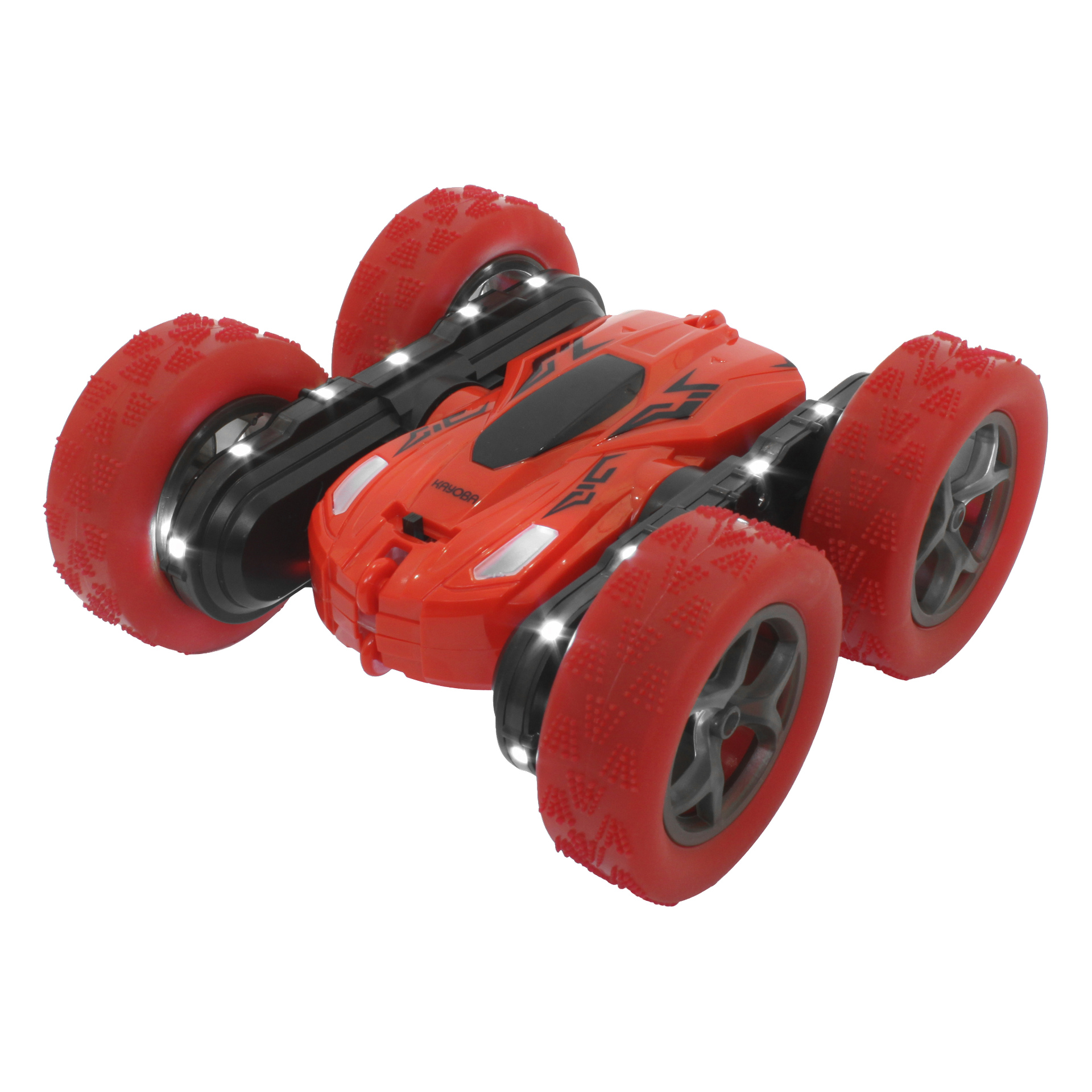 Rot-schwarzes RC-Stuntauto mit großen, robusten roten Rädern und einer schlanken Karosserie, gebaut für Offroad-Fahren und Flipp-Tricks.