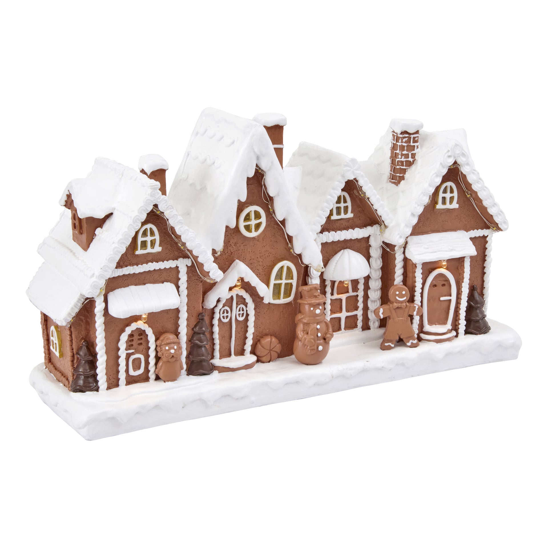 EKVIP LED-pepparkaksby, märkt EKVIP, med flera miniatyrhus, en snögubbe och en pepparkaksgubbe på en snötäckt bas.