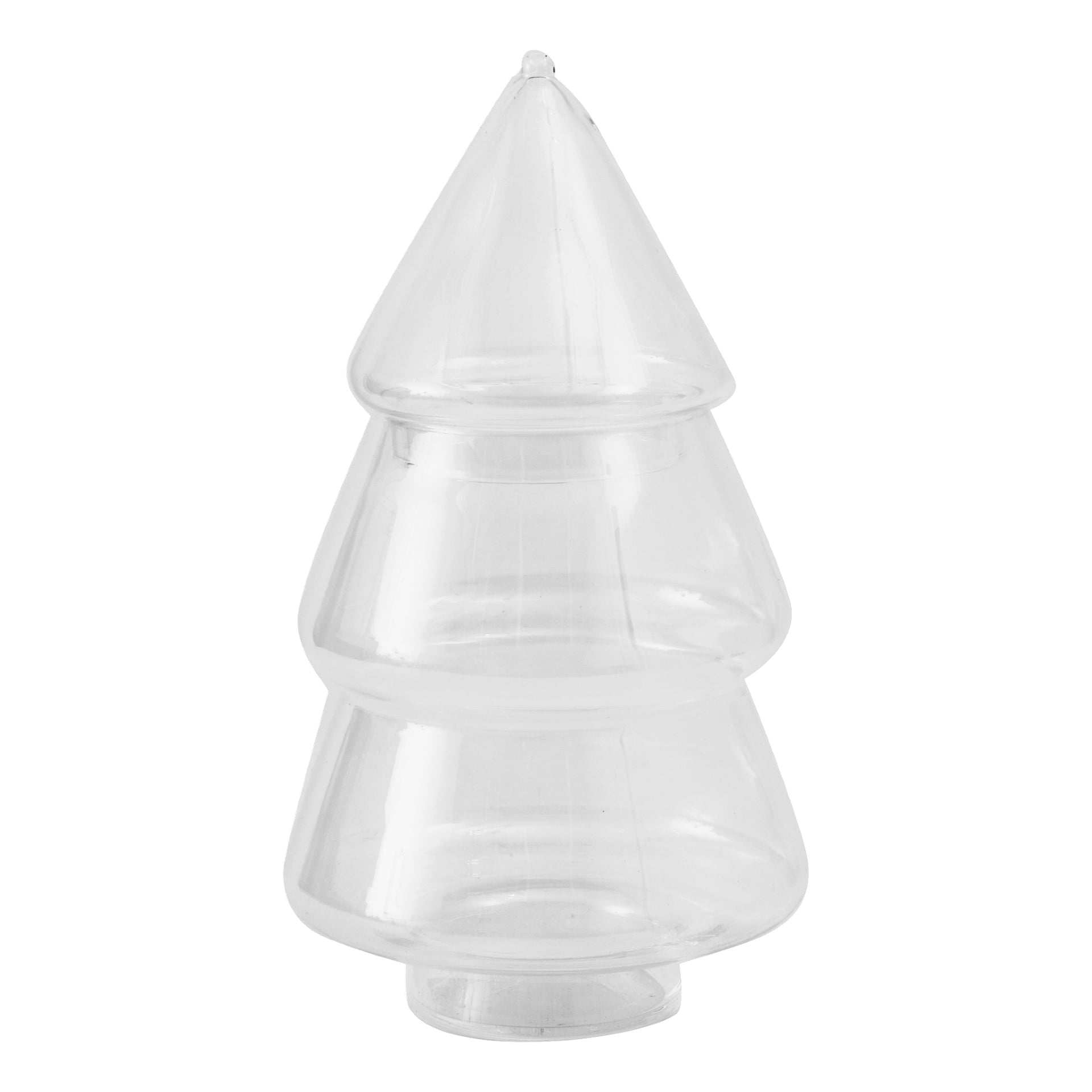Ein transparenter Kunststoffbehälter in Form eines gestuften Weihnachtsbaums steht aufrecht und verfügt über drei Ebenen und eine spitze Spitze.