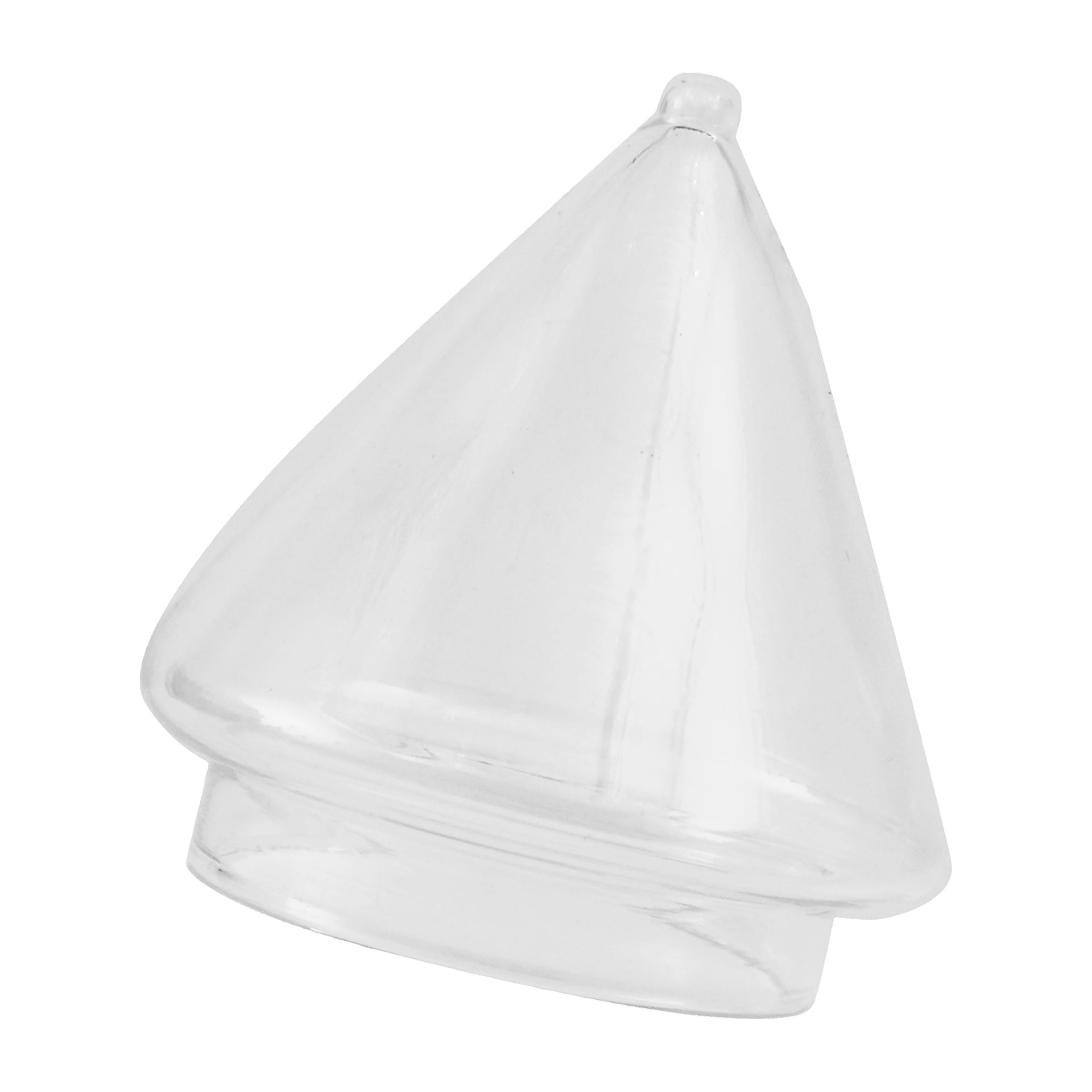 Ein transparentes, kegelförmiges Kunststoffstück mit abgerundeter Spitze und breitem Boden.