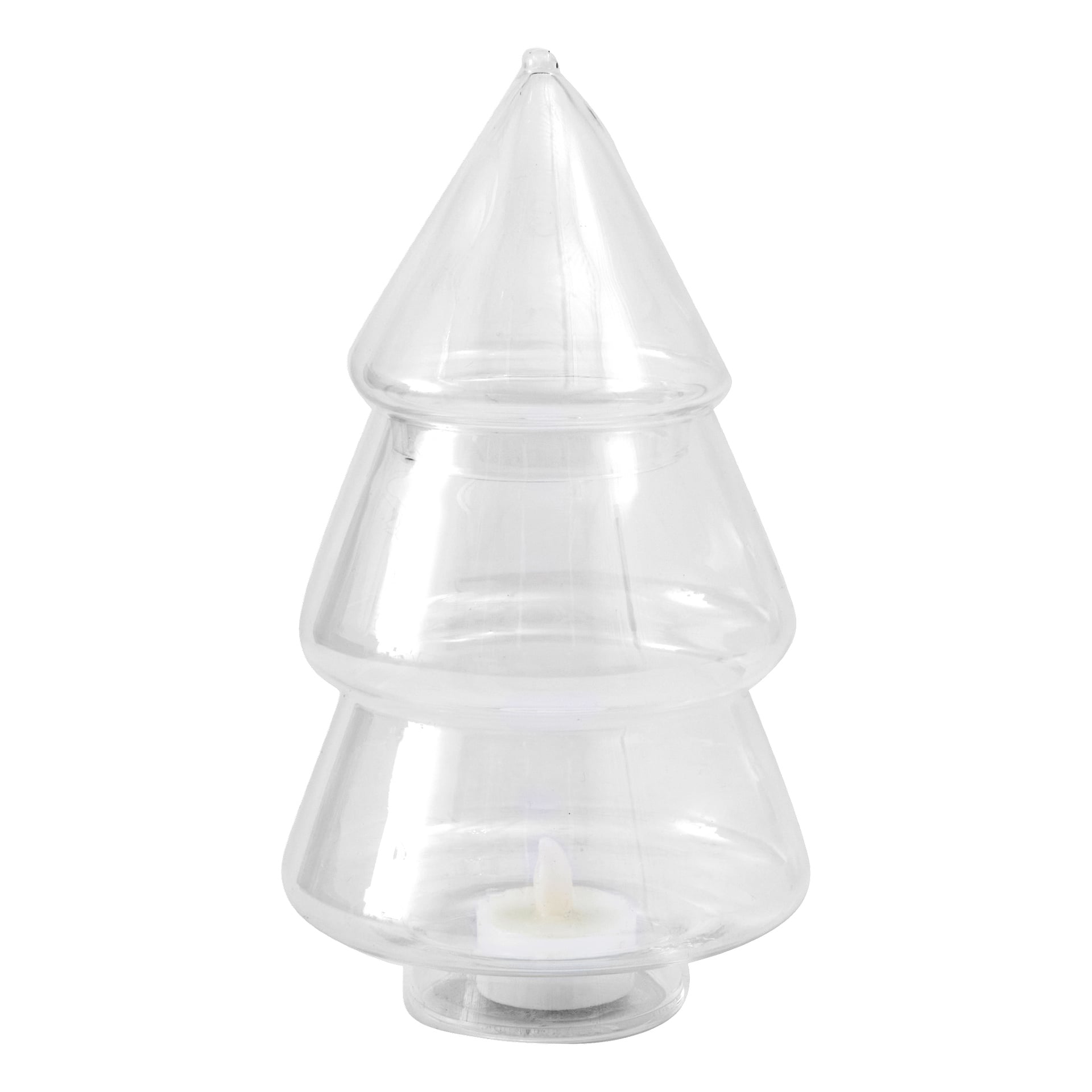 Ein klarer Glasornament in Form eines modernen Weihnachtsbaums, an dessen Basis eine kleine weiße Teeleuchte steht.