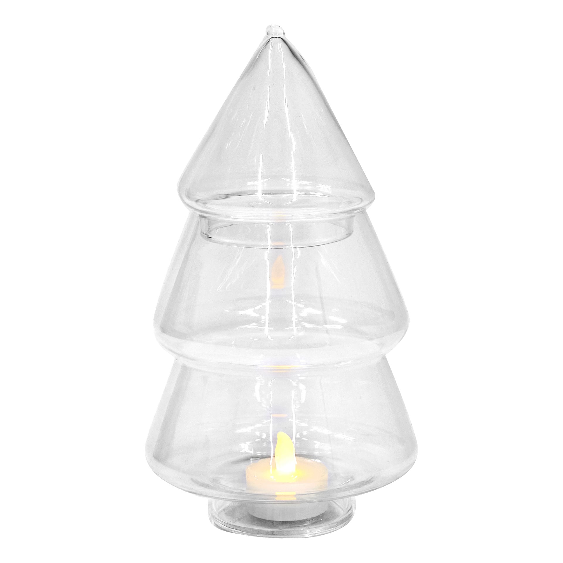 Glas-Weihnachtsbaumschmuck mit einer Teeleuchte, die warm im Inneren leuchtet, Licht scheint durch das klare Glas.