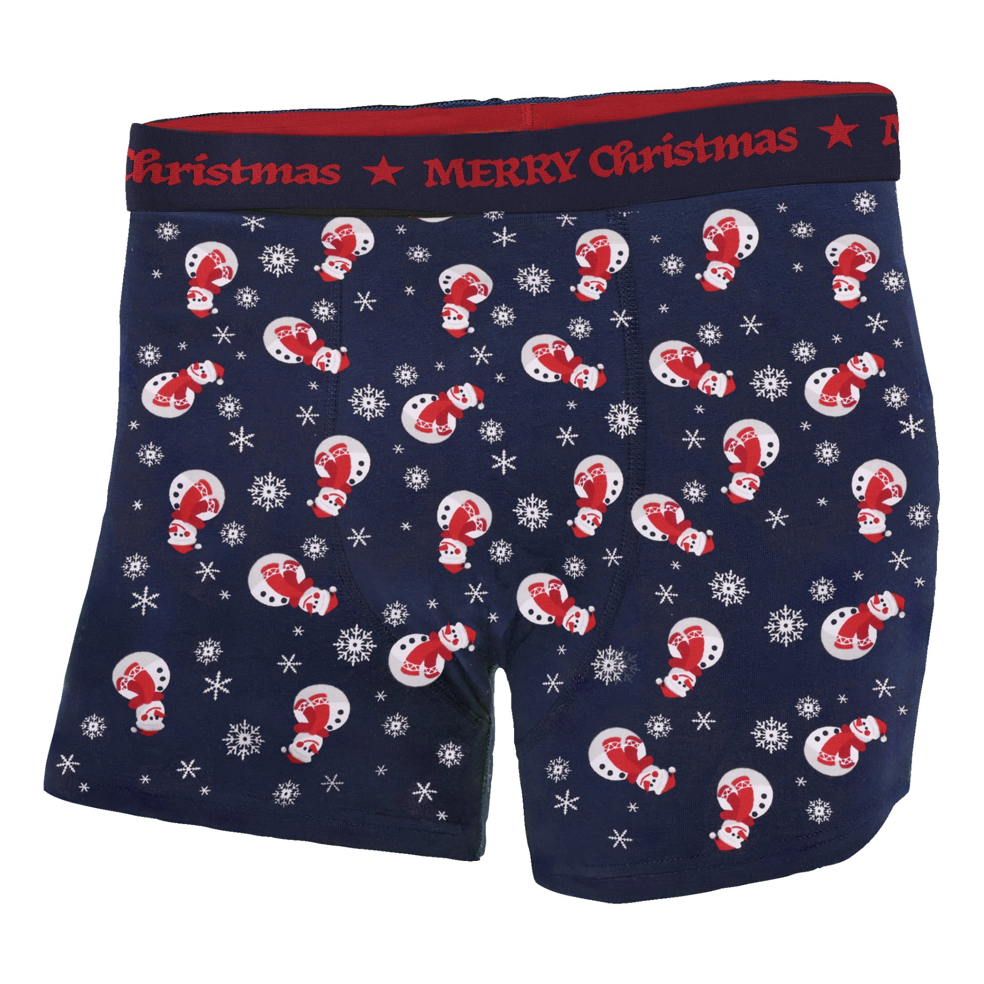 Marinblå boxershorts med röd midjeband där det stod God Jul, dekorerade med tomteansikten och vita snöflingor.
