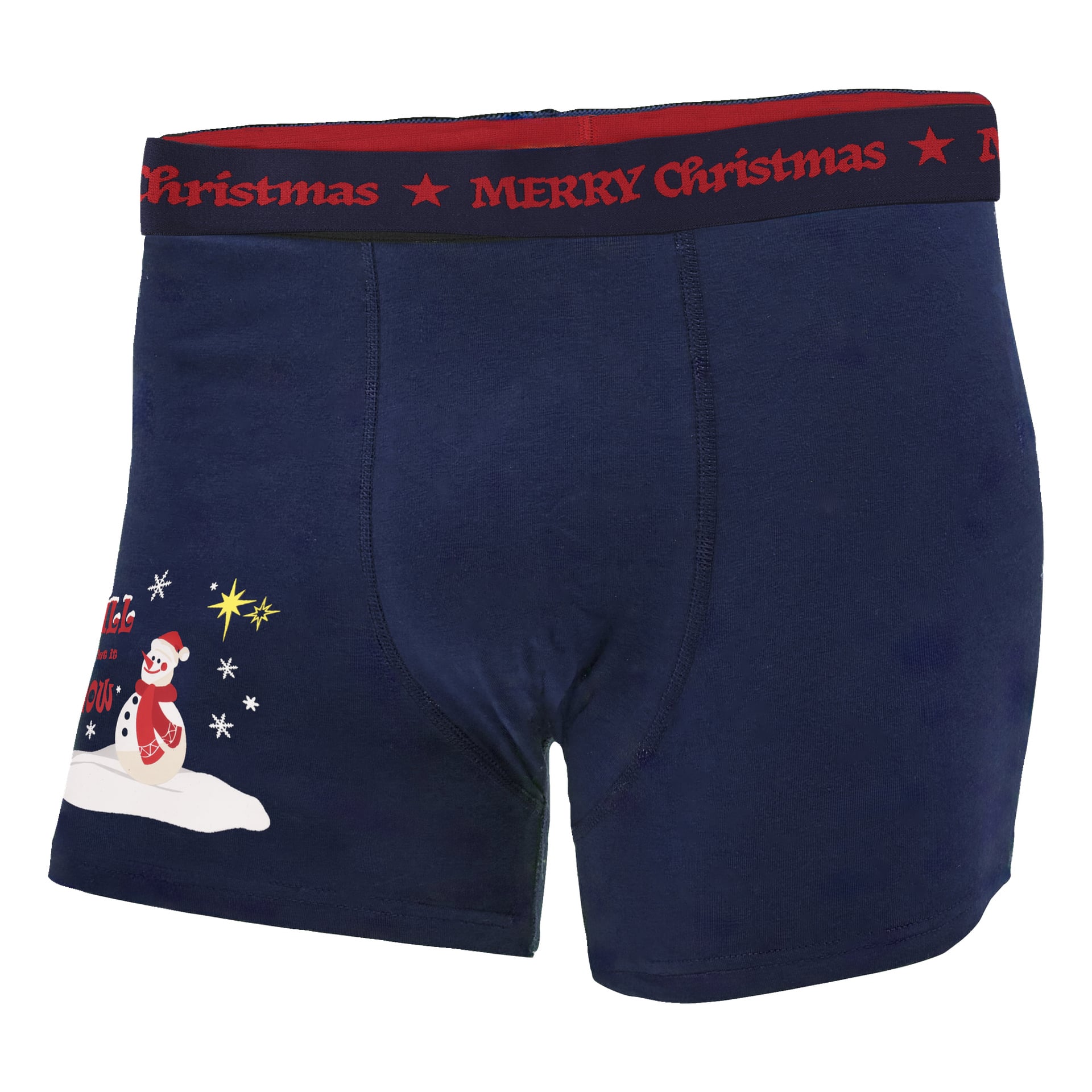 Marinblå herrboxershorts med ett rött midjeband där det stod MERRY Christmas, och en snögubbe med gula stjärnor på vänster ben.