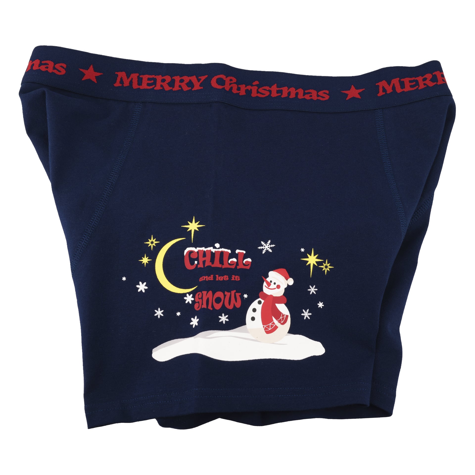 Marinblå boxershorts med "MERRY Christmas" i rött på midjebandet, en snögubbe och "CHILL and let it SNOW" med stjärnor och snöflingor.