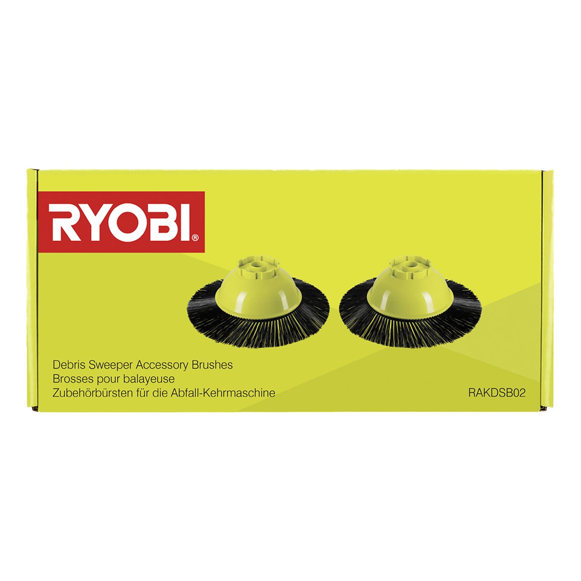 En gul RYOBI-låda med dess logotyp visar två runda gula och svarta sidoborstar för Sweeper RAKDSB02 (2 delar) och produktinformation nedan.