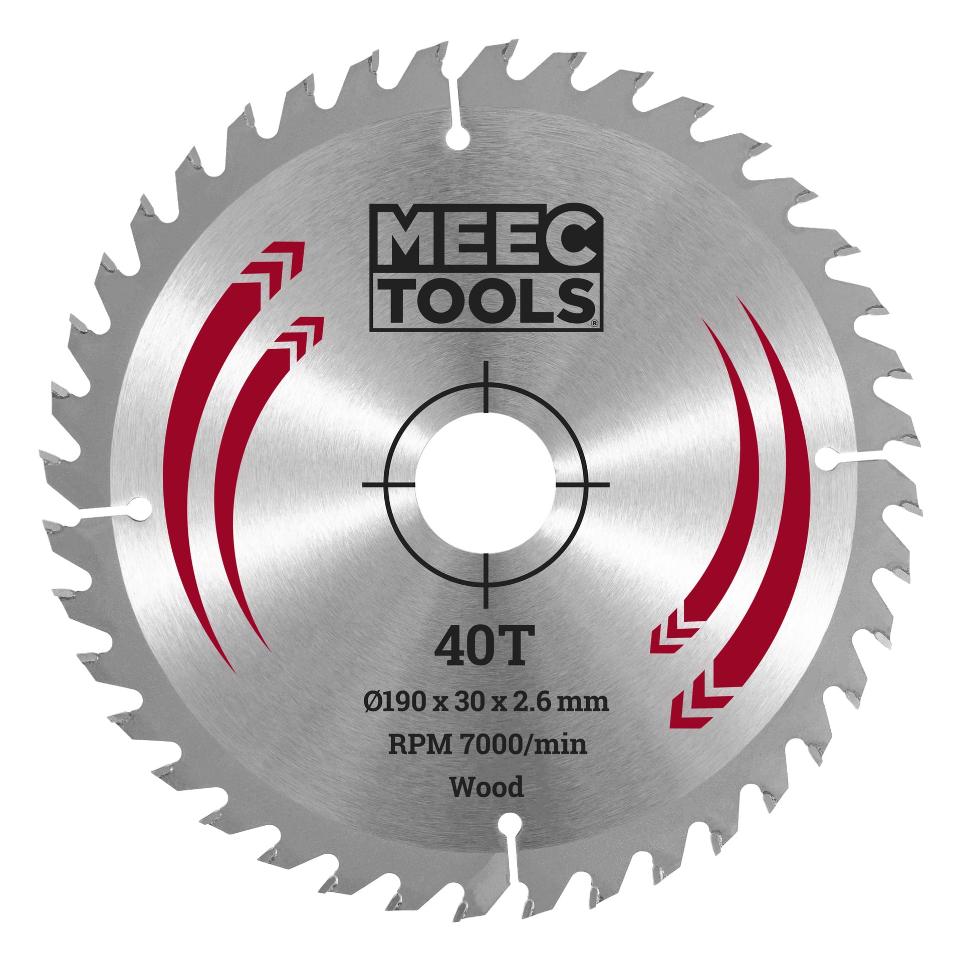 Ett 40-tandat cirkelsågblad märkt MEEC TOOLS, specifikationer Ø190 x 30 x 2,6 mm, 7000 RPM, med två röda grafiker på.