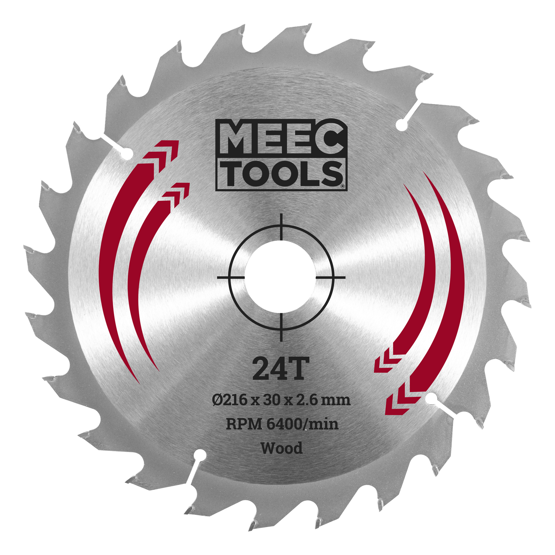 Cirkelsågsblad märkt MEEC TOOLS, med 24 tänder, röda detaljer och specifikationer: 216x30x2,6 mm, 6400 varv per minut, för träsågning.