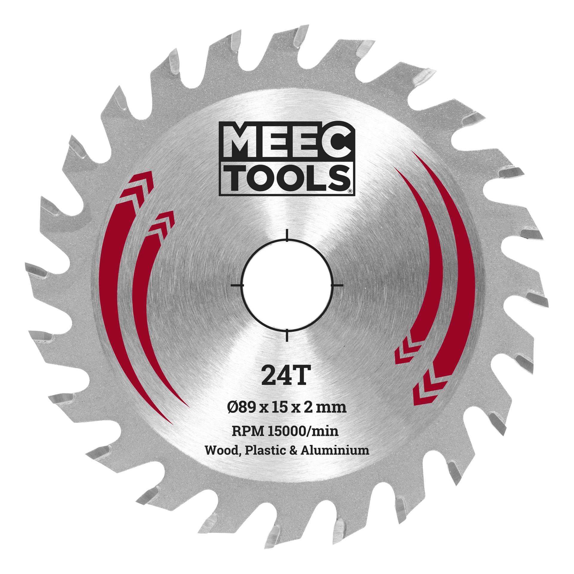 Kreissägeblatt, 24 Zähne, Meec Tools-Branding. Markiert Ø89 x 15 x 2 mm, maximale Drehzahl 15.000. Für Holz, Kunststoff, Aluminium. Rote Details.