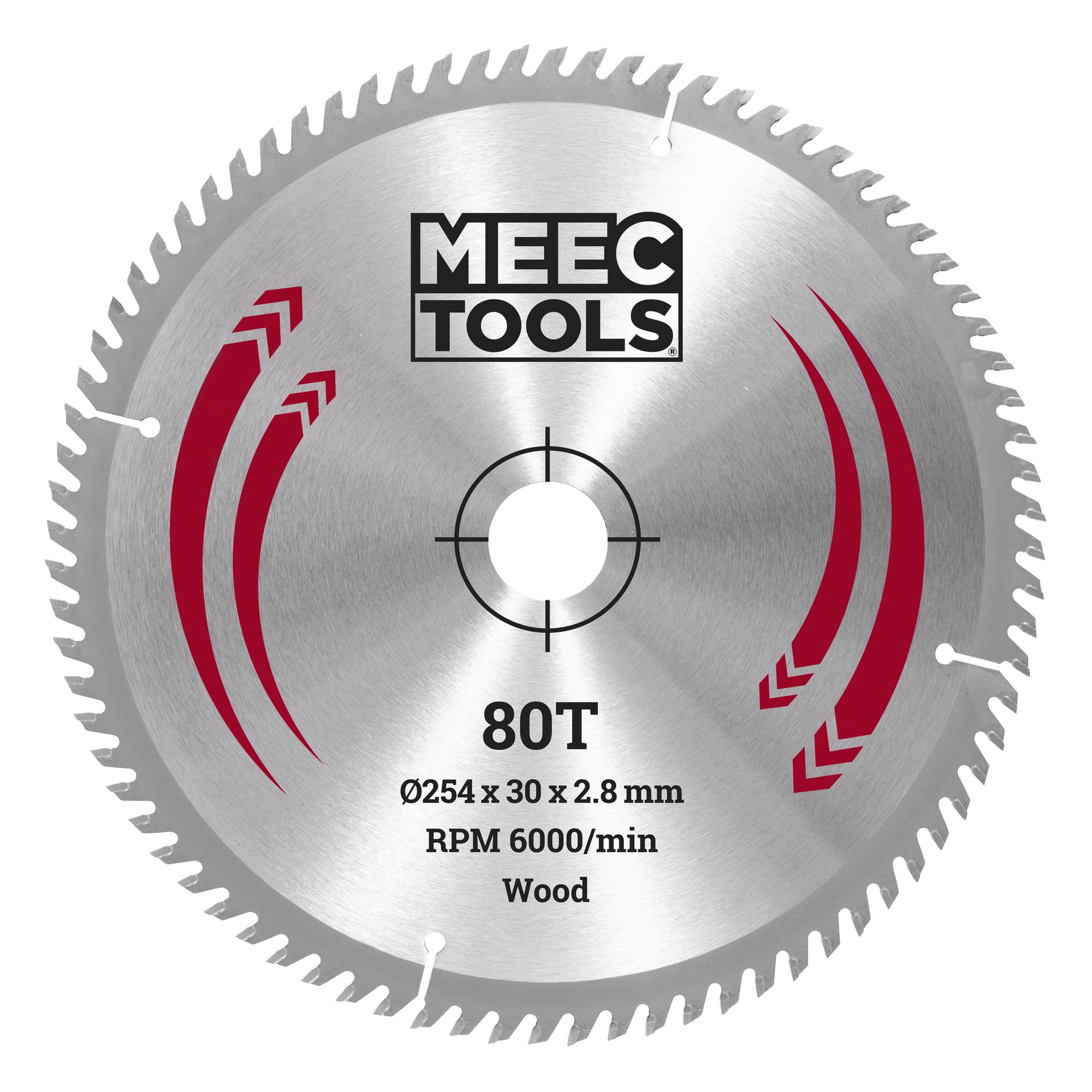 Cirkelsågblad märkt MEEC TOOLS, 80 tänder, 254 mm diameter, borrning 30 mm, max 6000 RPM. Tre röda böjda detaljer på bladet.