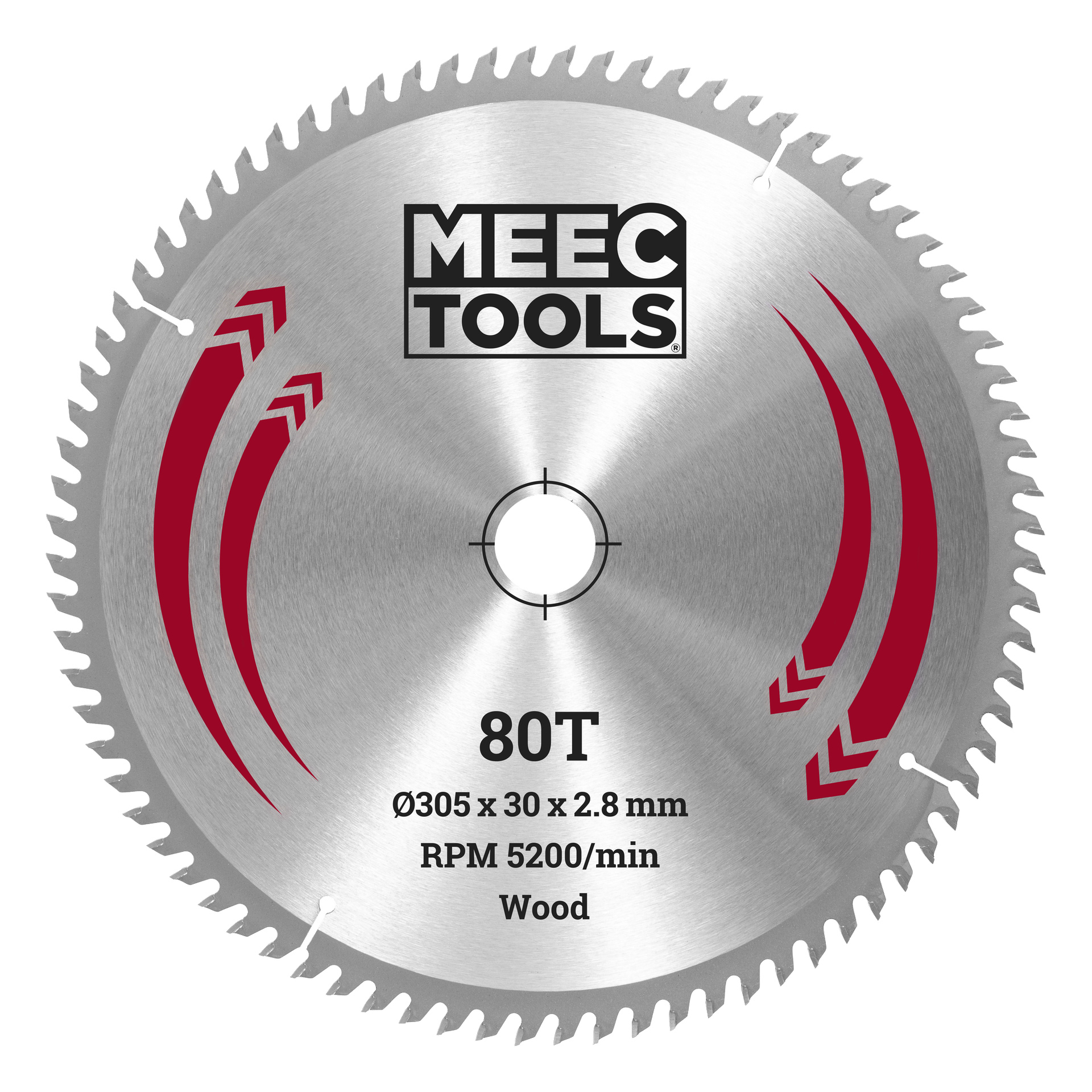 Ett MEEC TOOLS-cirkelsågblad med 80 tänder, 305x30x2,8 mm, för trä; röda detaljer och ett mitthål; Max 5200 RPM.