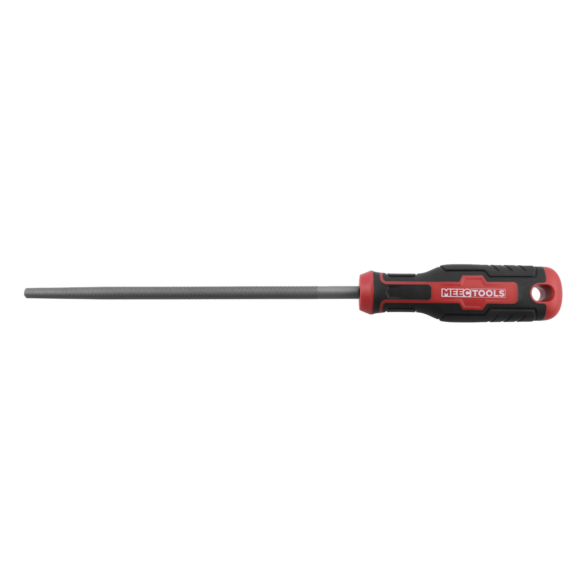Pyöreä metallinen käsiviila, jossa on musta-punainen ergonominen kahva, jossa luki MEEETOOLS, ja siinä on reikä päässä ripustamista varten.