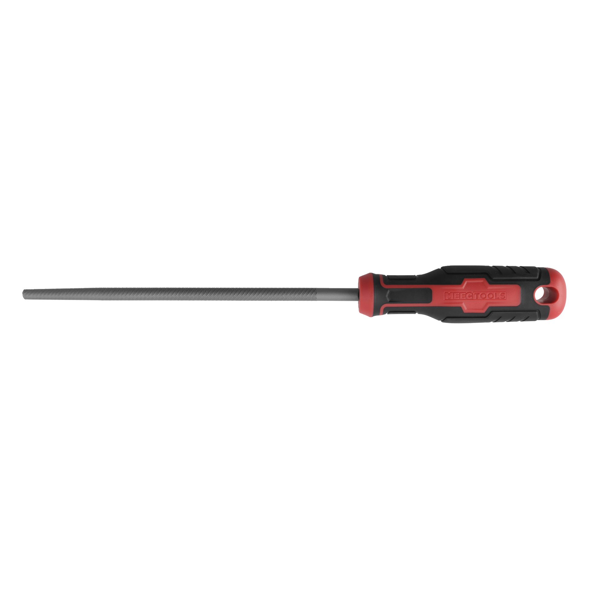 Pyöreä metalliviila, jossa on teksturoitu pinta, musta ja punainen ergonominen kahva, riippuva reikä ja MEETOOLS-merkki kahvassa.