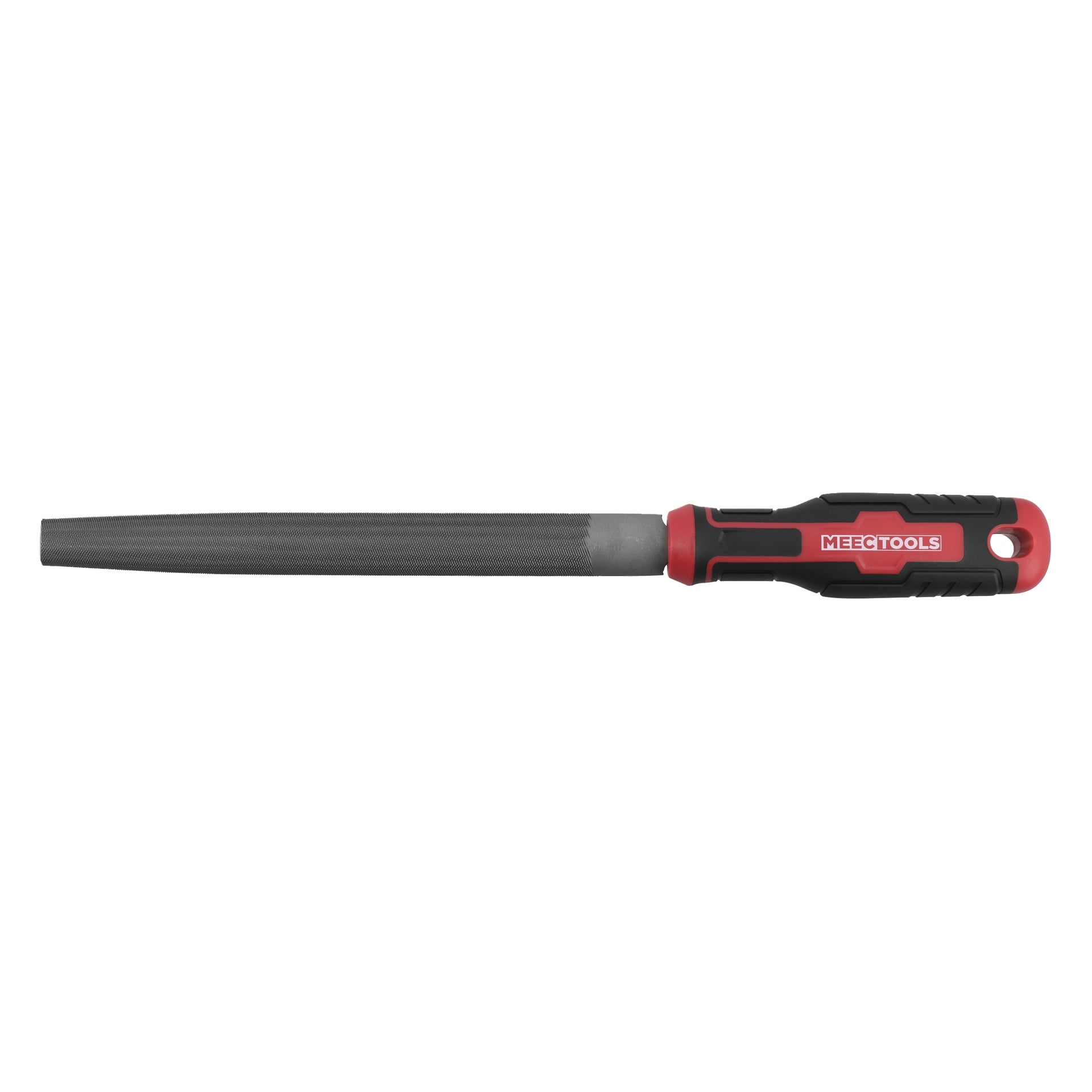 En metallfil med en texturerad yta, svart och rött plasthandtag samt MEETOOLS-märkning på handtaget.
