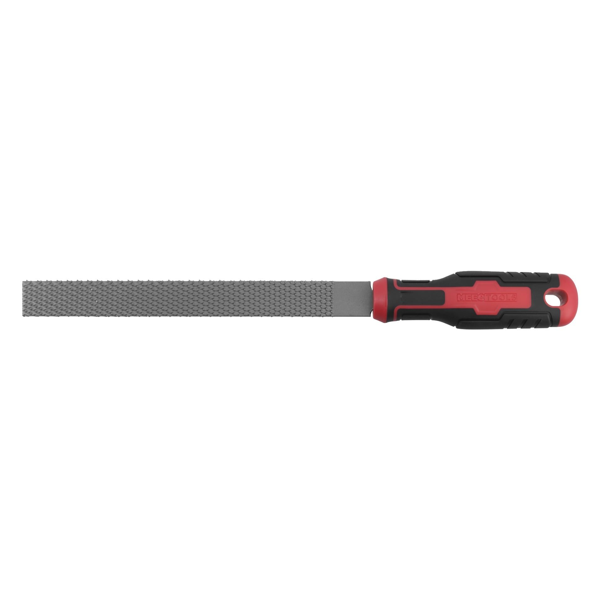 En platt metallrasp med en strukturerad yta och ett svart och rött ergonomiskt handtag, använd för att forma trä eller metall.