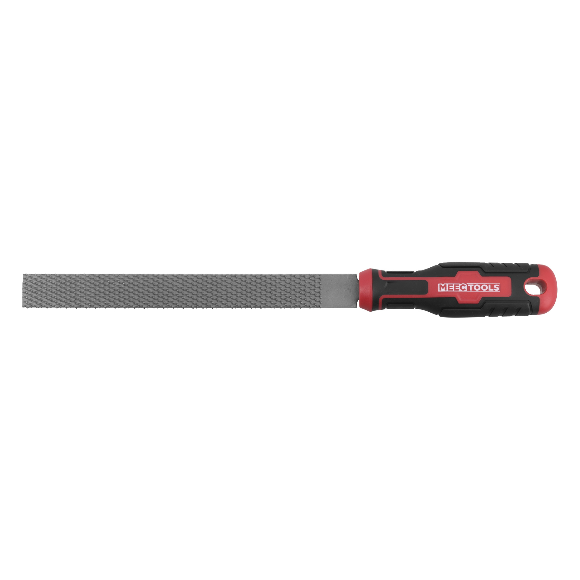 En platt metallhandrasp har en texturerad yta och ett ergonomiskt svart och rött handtag märkt MEETOOLS.
