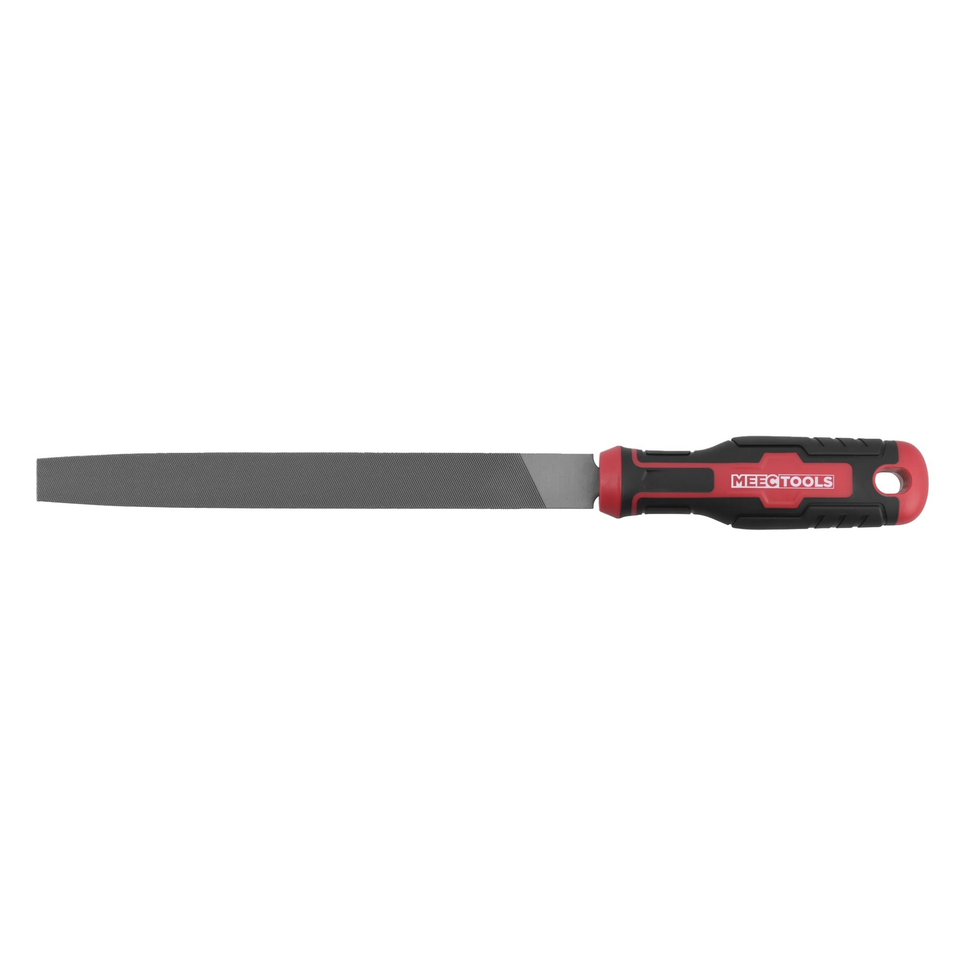 En platt metallfil med en texturerad filyta och ett svart och rött plasthandtag märkt MEE TOOLS.