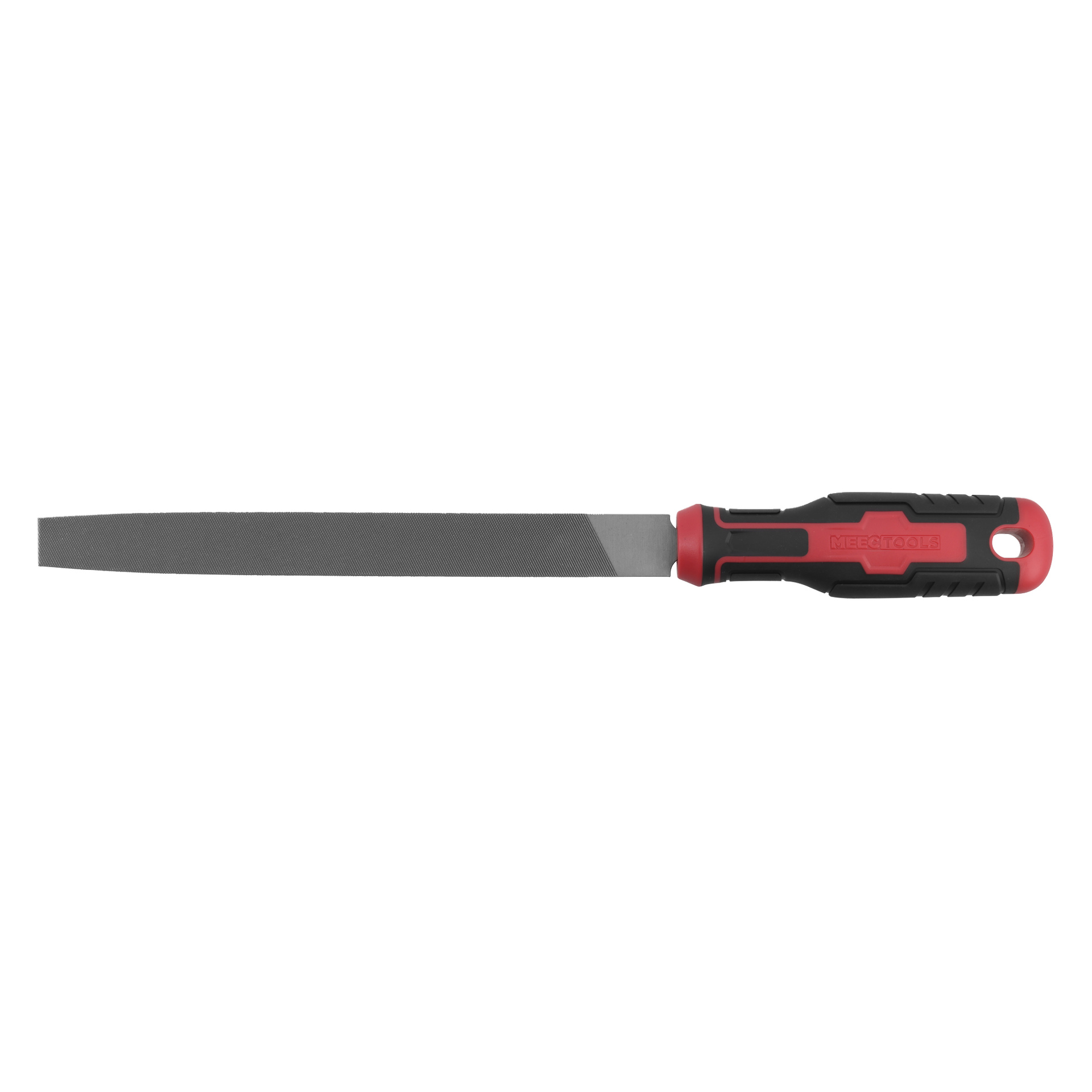 Litteä metalliviila, jossa on teksturoitu terä ja musta-punainen ergonominen kahva.