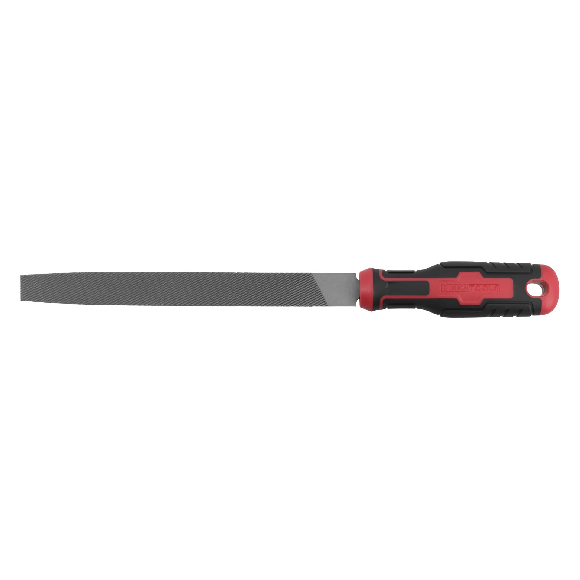 En platt metallfil med ett strukturerat blad och ett svart och rött ergonomiskt handtag.