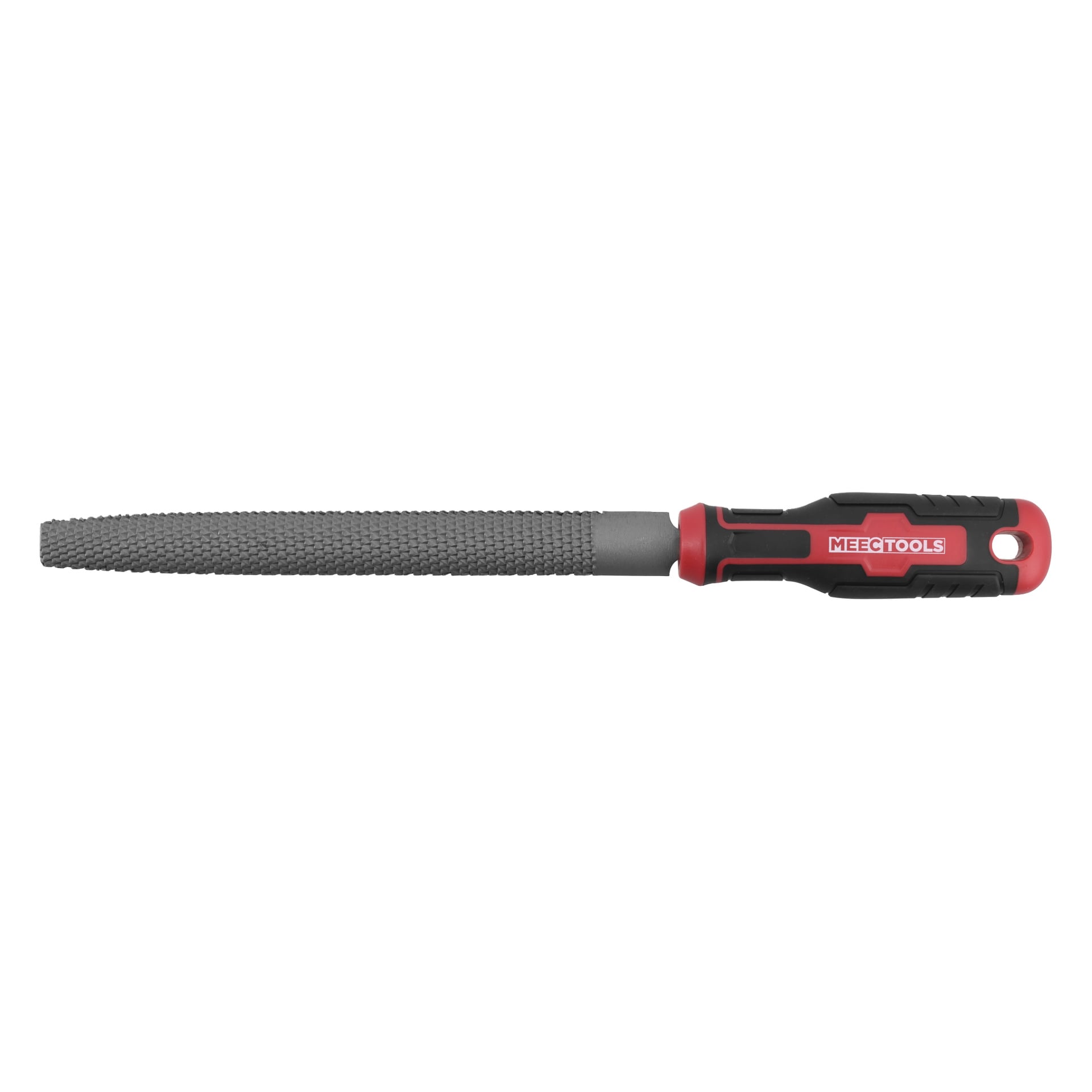 En grov, rund metallfil med en grå yta och ett svart och rött handtag märkt MEEC TOOLS.