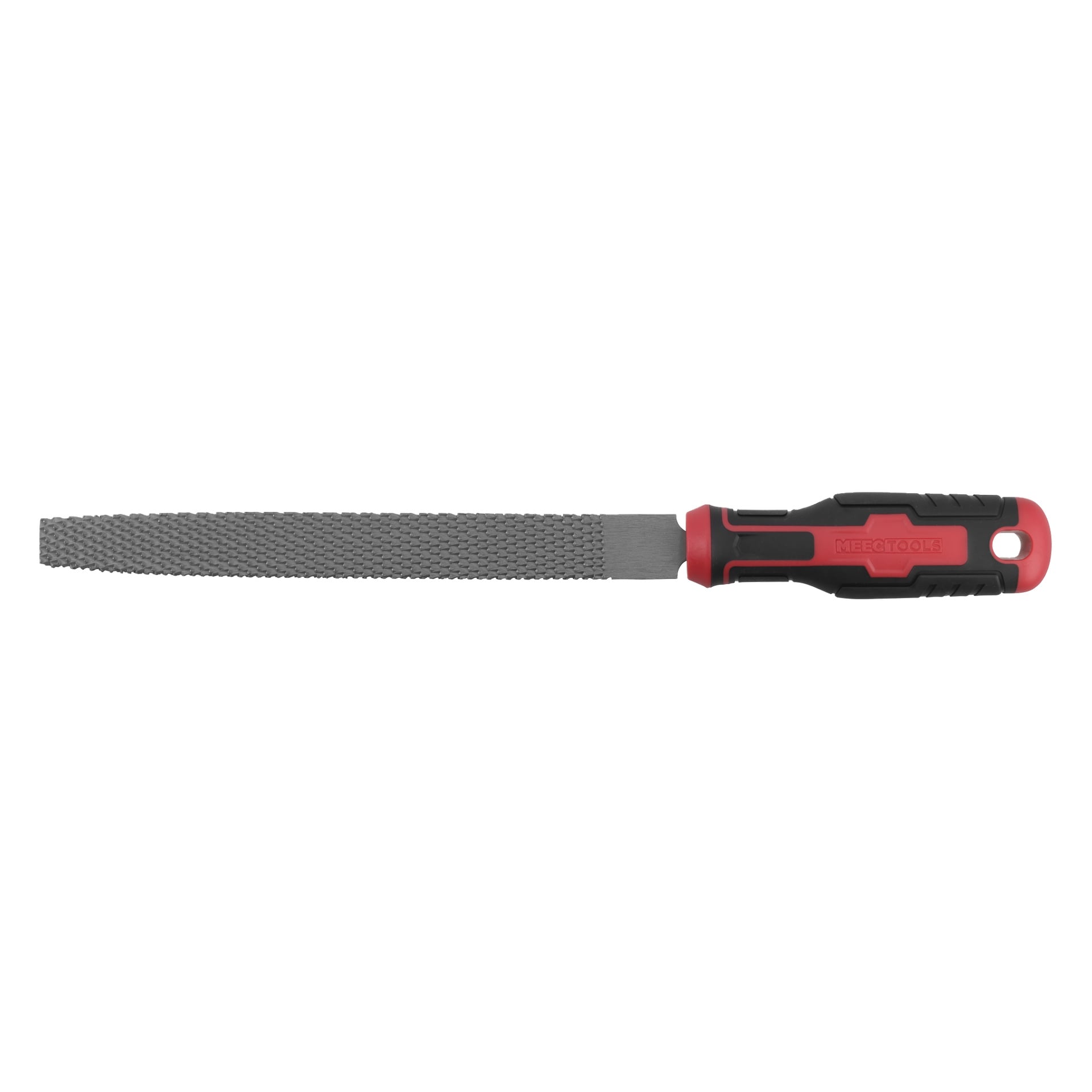 En platt metallraspfil med grov, texturerad yta och ett ergonomiskt svart och rött handtag med ett hål i änden.