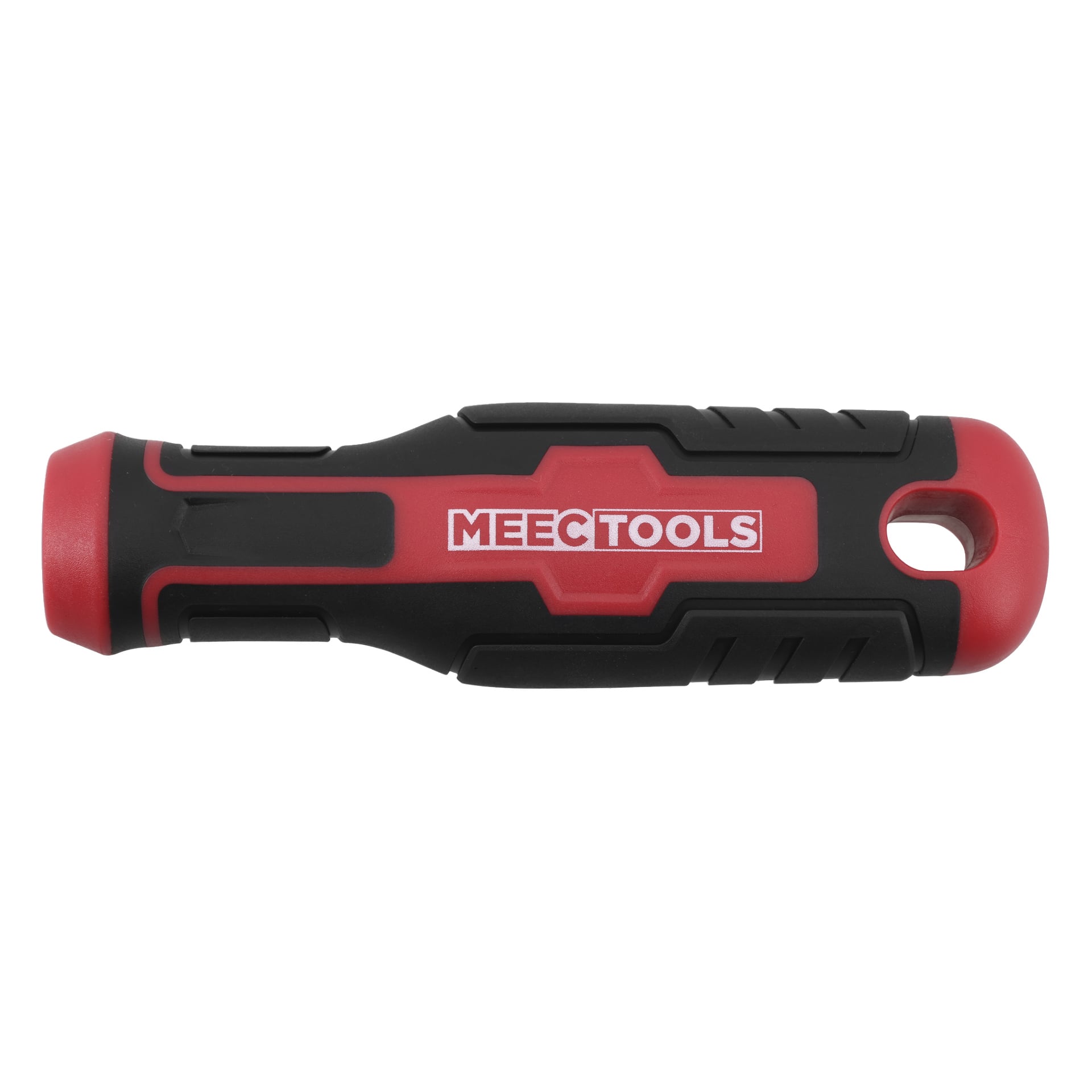 Et rødt og svart MEEC TOOLS-skrutrekkerhåndtak med et hengende hull, sett fra siden. Merkenavnet vises på den røde delen.