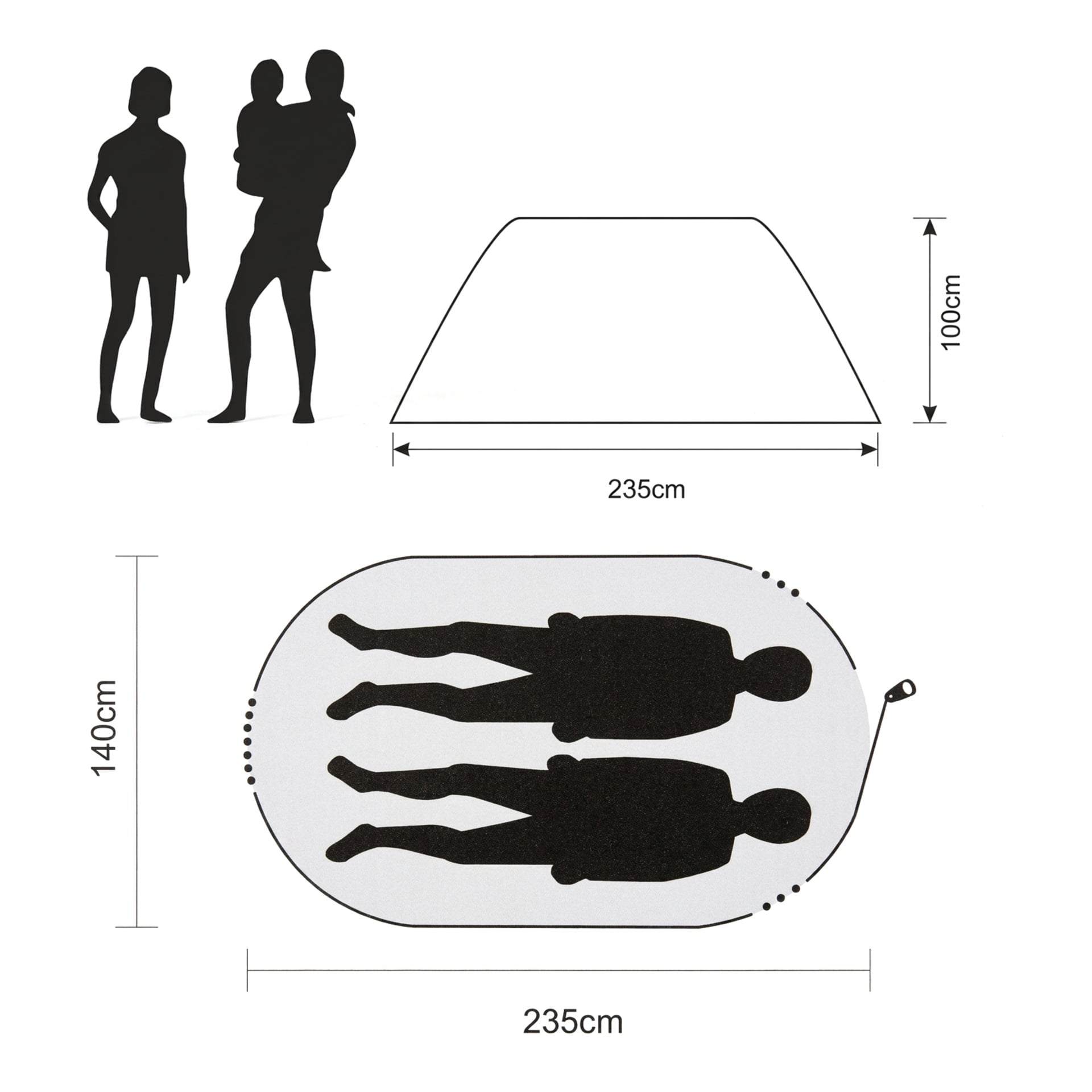 Tältdiagram med mått: 235 cm bred, 140 cm djup, 100 cm hög; Rymmer två vuxna som ljuger, plus en bild av en vuxen som håller barnet.