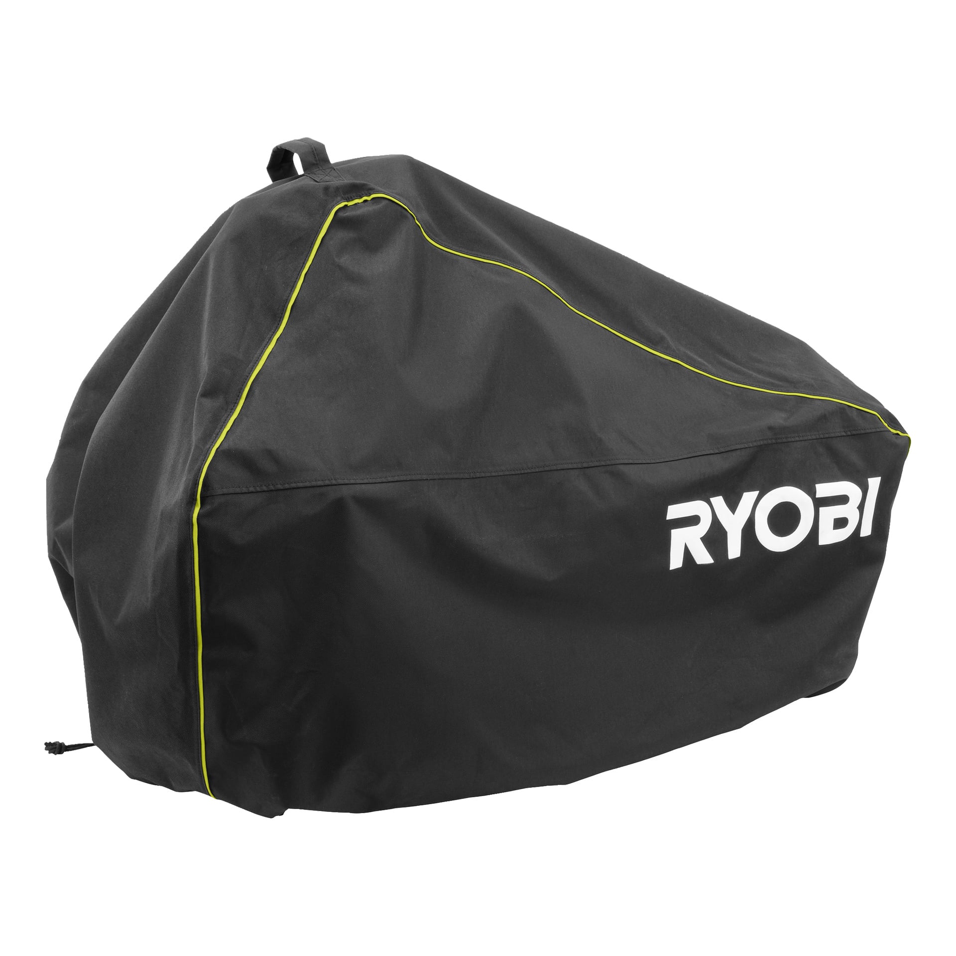 Svart snöslungeskydd med gul kant, "RYOBI" i vitt på sidan, plus en övre ögla och nedre dragsko för säker passform.