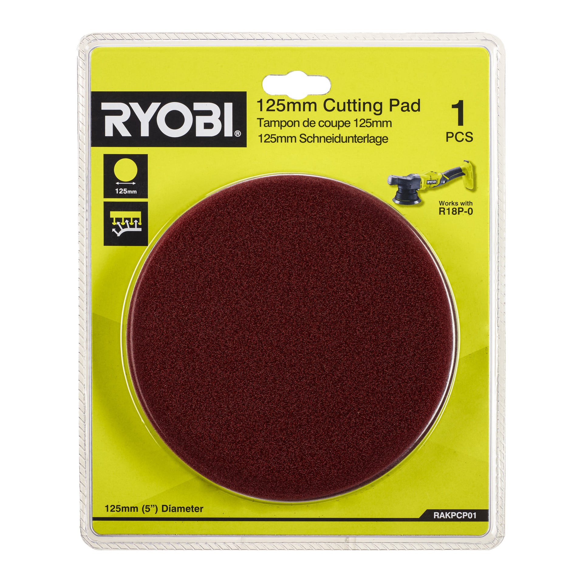 Ryobi Polishing Sponge RAKPCP01 i gul og gjennomsiktig emballasje, med en burgunderrød pute. Etiketten viser modell R18P-0 og ett stykke.