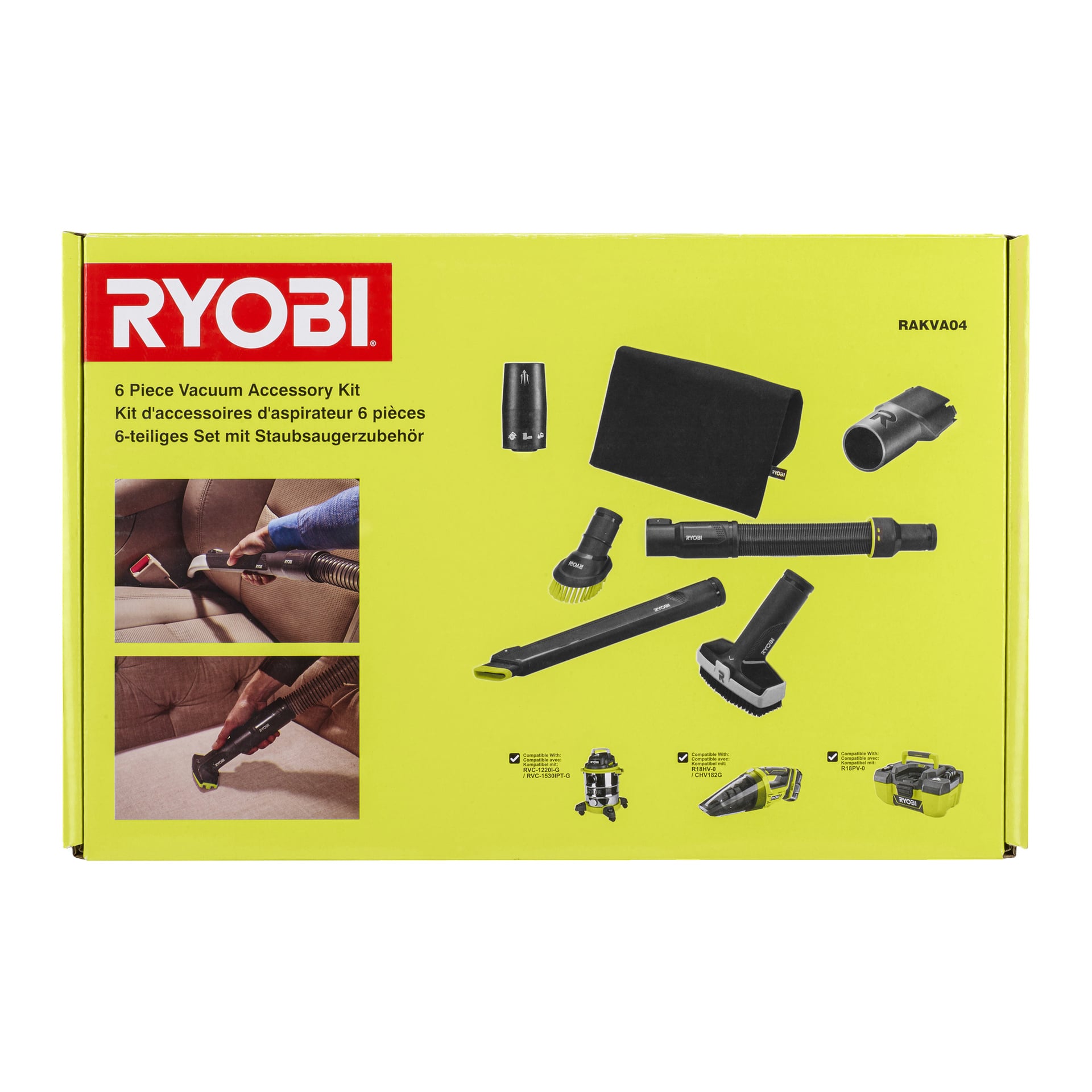Gul RYOBI-låda som visar RAKVA04 dammsugarsats, 6 delar med munstycken, borstar, adapter och bilder på bilrengöring.