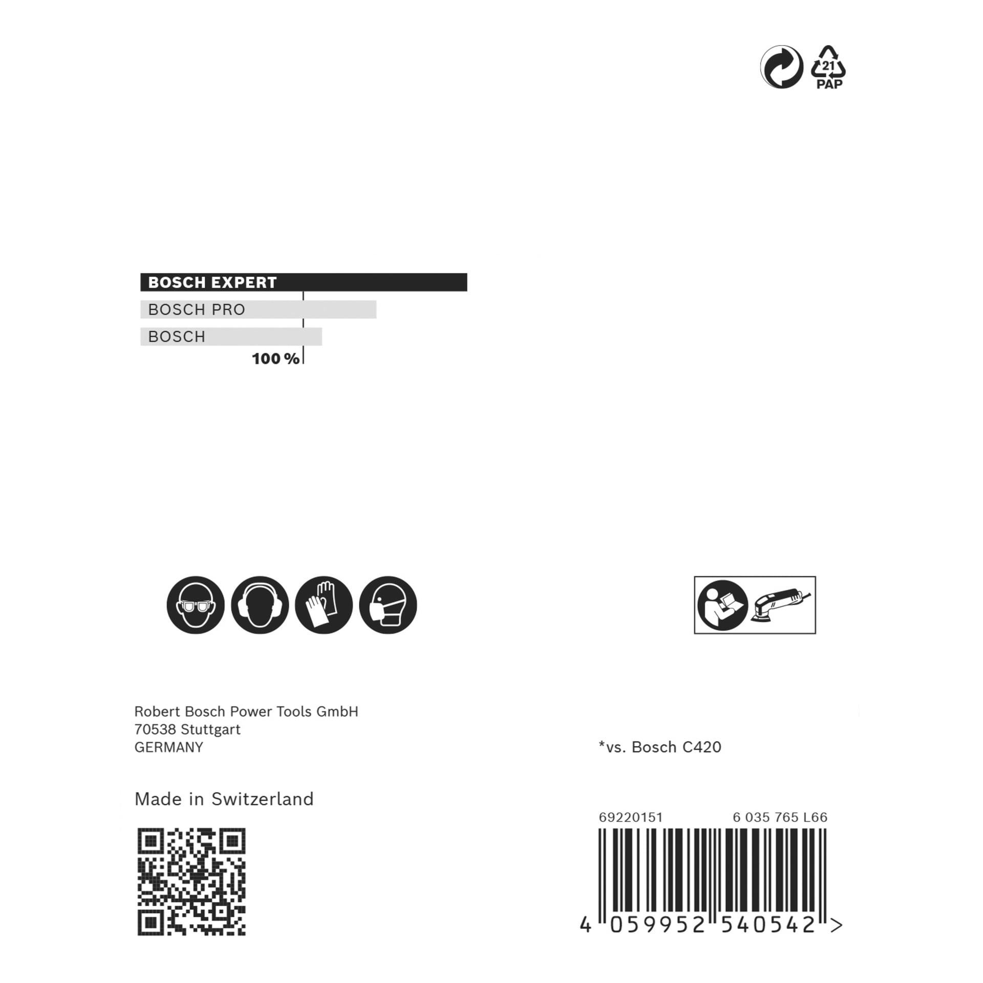 Produktetikett med Bosch Expert-merking, ikoner for sikkerhetsutstyr, strekkode, resirkuleringslogo, adresse, Made in Switzerland-tekst, BOSCH 100 % bar.