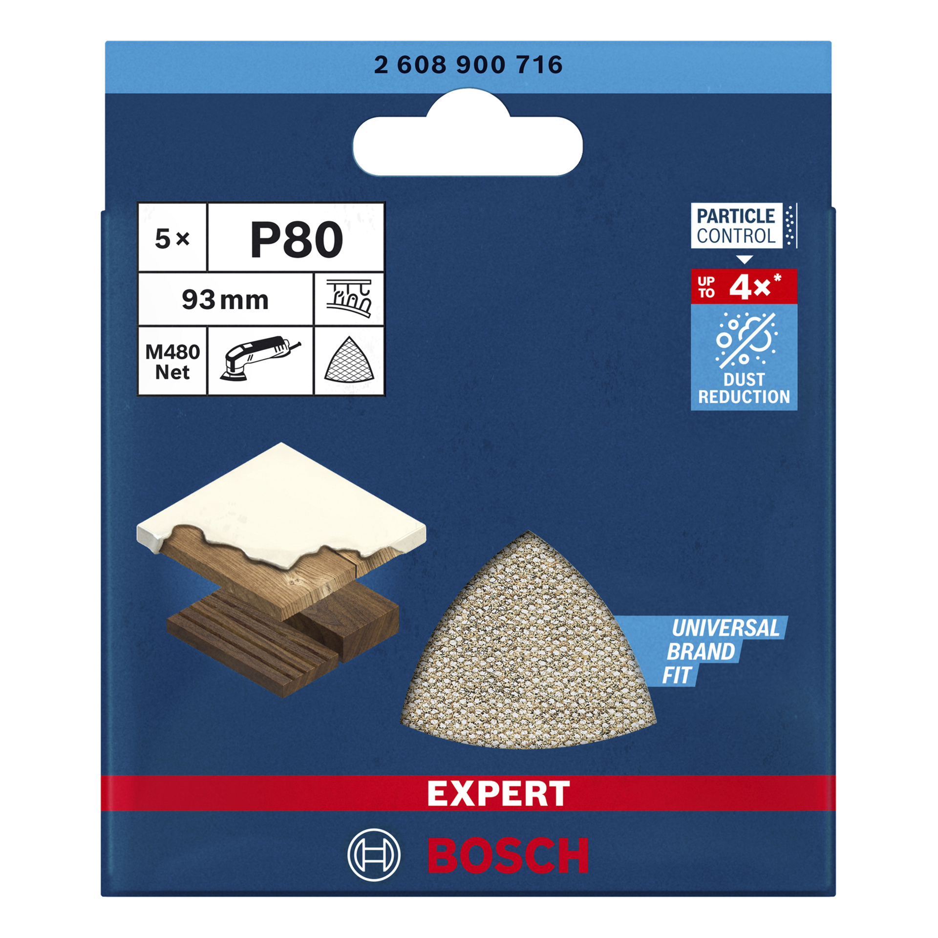 Bosch P80-pakke med fem 93 mm trekantede slipeplater som viser bilder av universell passform, støvreduksjon og sliping på boksen.