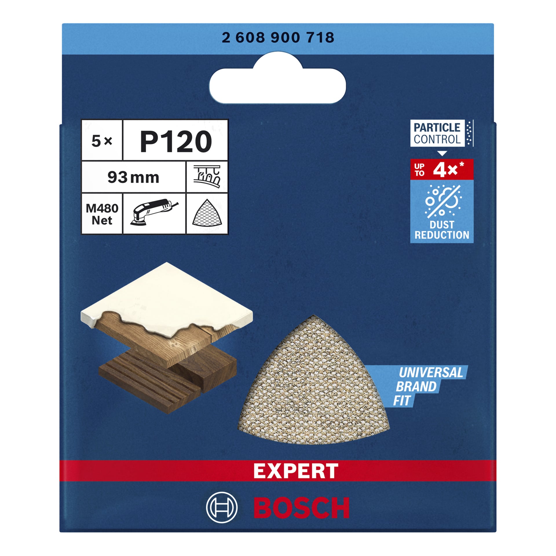 Sininen Bosch P120 -hiomalevypaketti, jossa on kolmionmuotoinen tyyny, puu- ja maalikuvakkeet sekä teksti, jossa mainitaan universaali istuvuus ja 4x vähemmän pölyä.